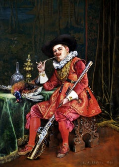 Historical genre sporting oil painting of a gentleman holding a gun