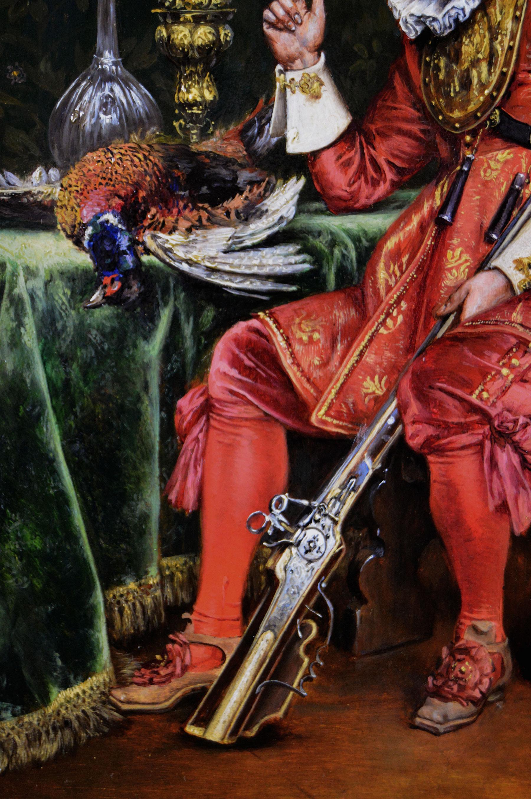 Historisches Genre-Ölgemälde eines Gentleman in einer Waffe, sportlich, Ölgemälde (Braun), Figurative Painting, von Adolphe Alexandre Lesrel