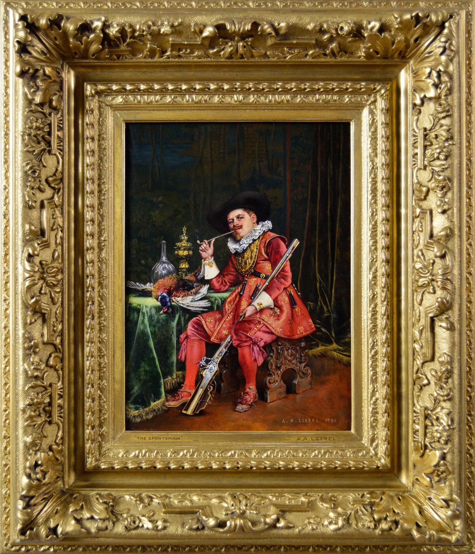 Adolphe Alexandre Lesrel Figurative Painting – Historisches Genre-Ölgemälde eines Gentleman in einer Waffe, sportlich, Ölgemälde