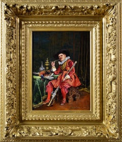 Historical genre sporting oil painting of a gentleman holding a gun