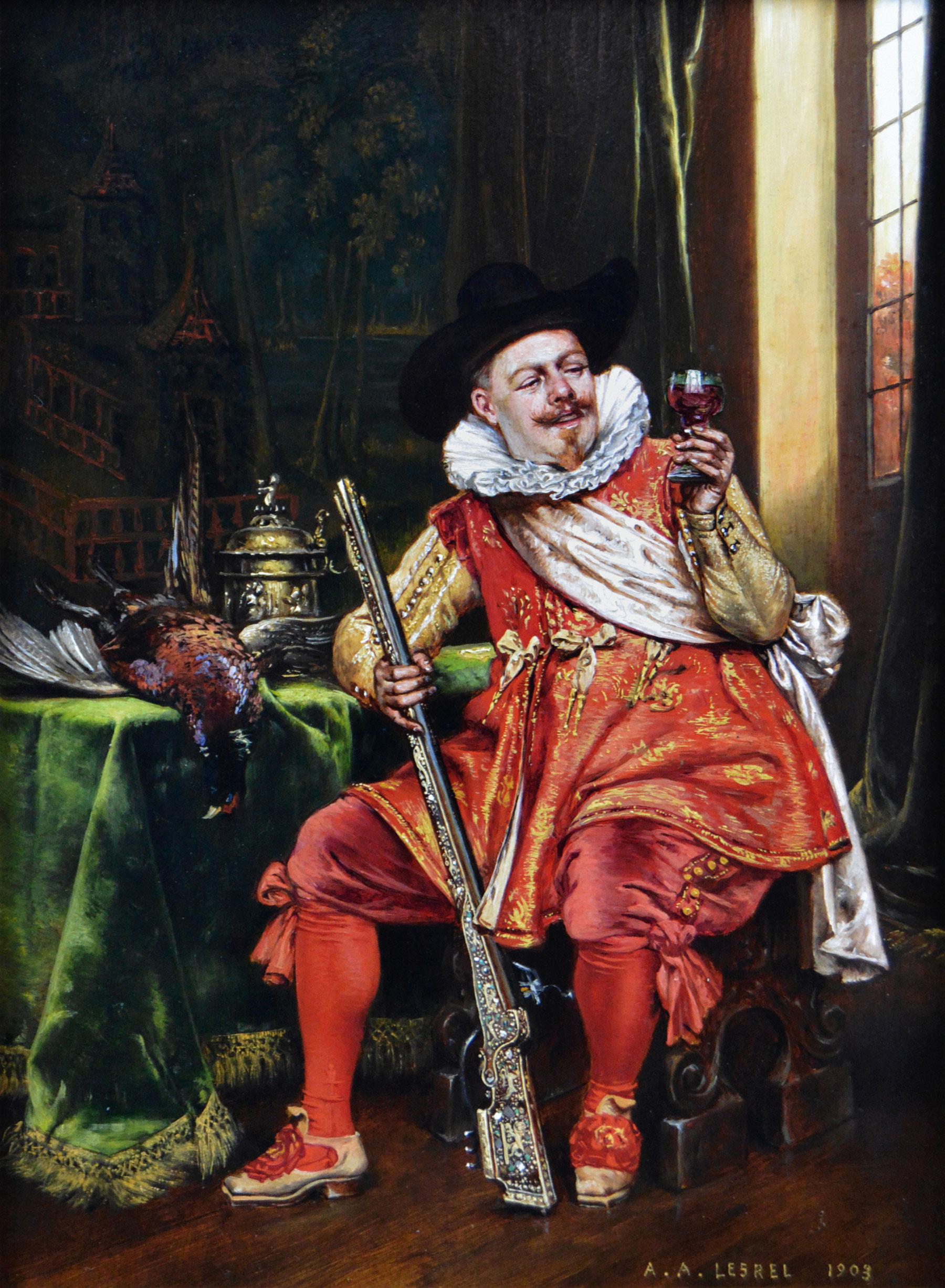Dipinto a olio di genere storico sportivo raffigurante un cacciatore gentiluomo - Painting di Adolphe Alexandre Lesrel