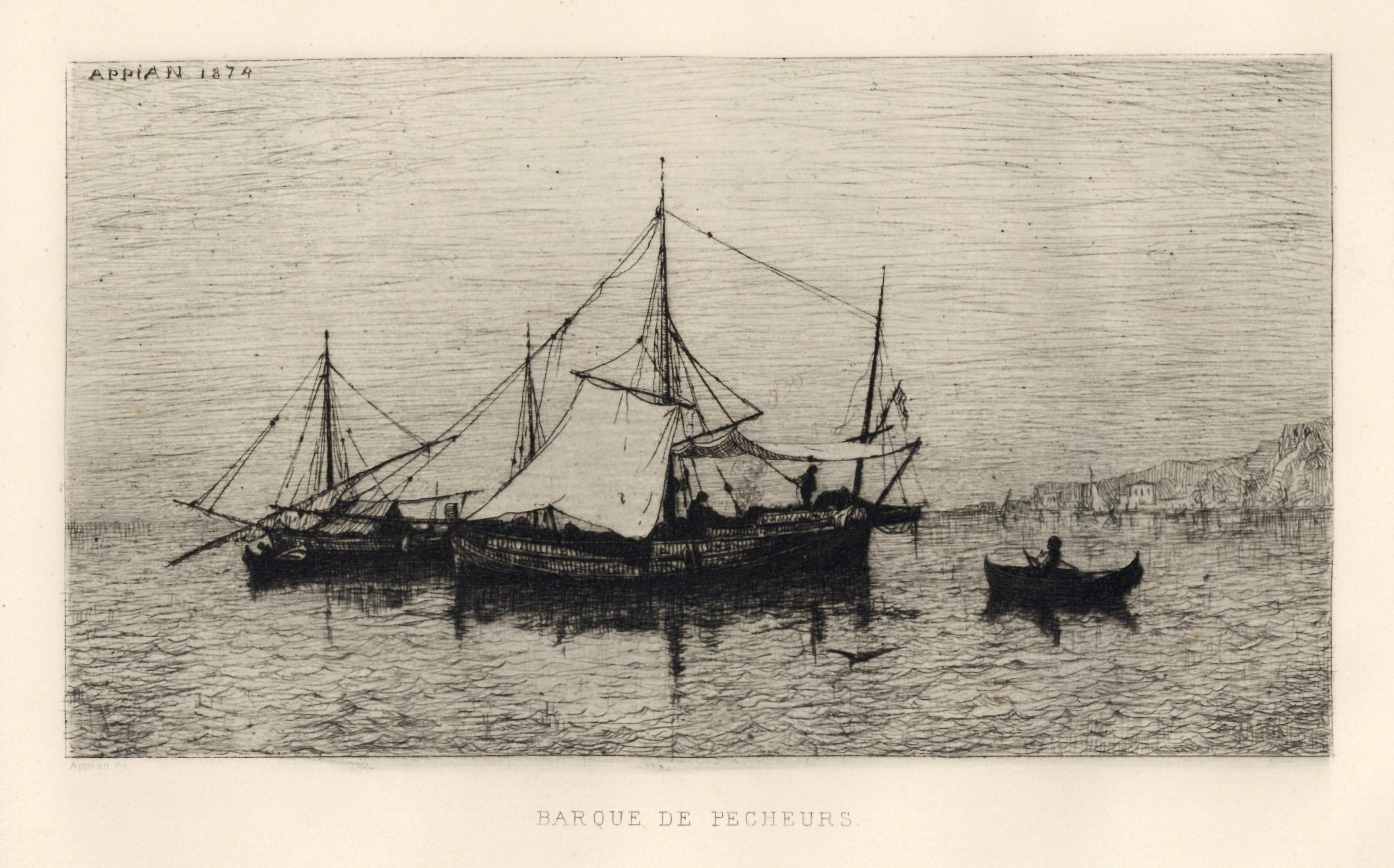 "Barque de pecheurs" original etching - Print by Adolphe APPIAN