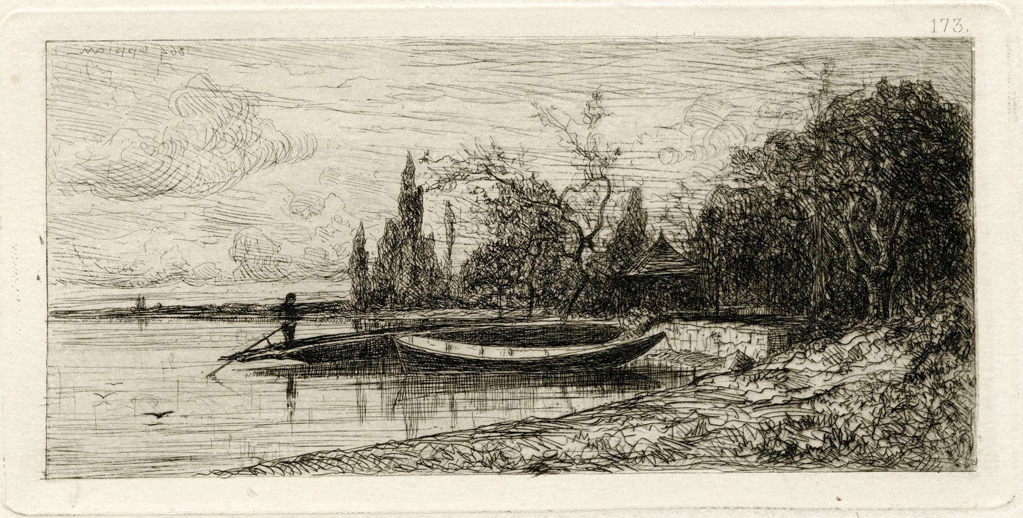 Chaland au bord d'une rivière ; Environs de Rix (2) ; Deux œuvres - Print de Adolphe APPIAN