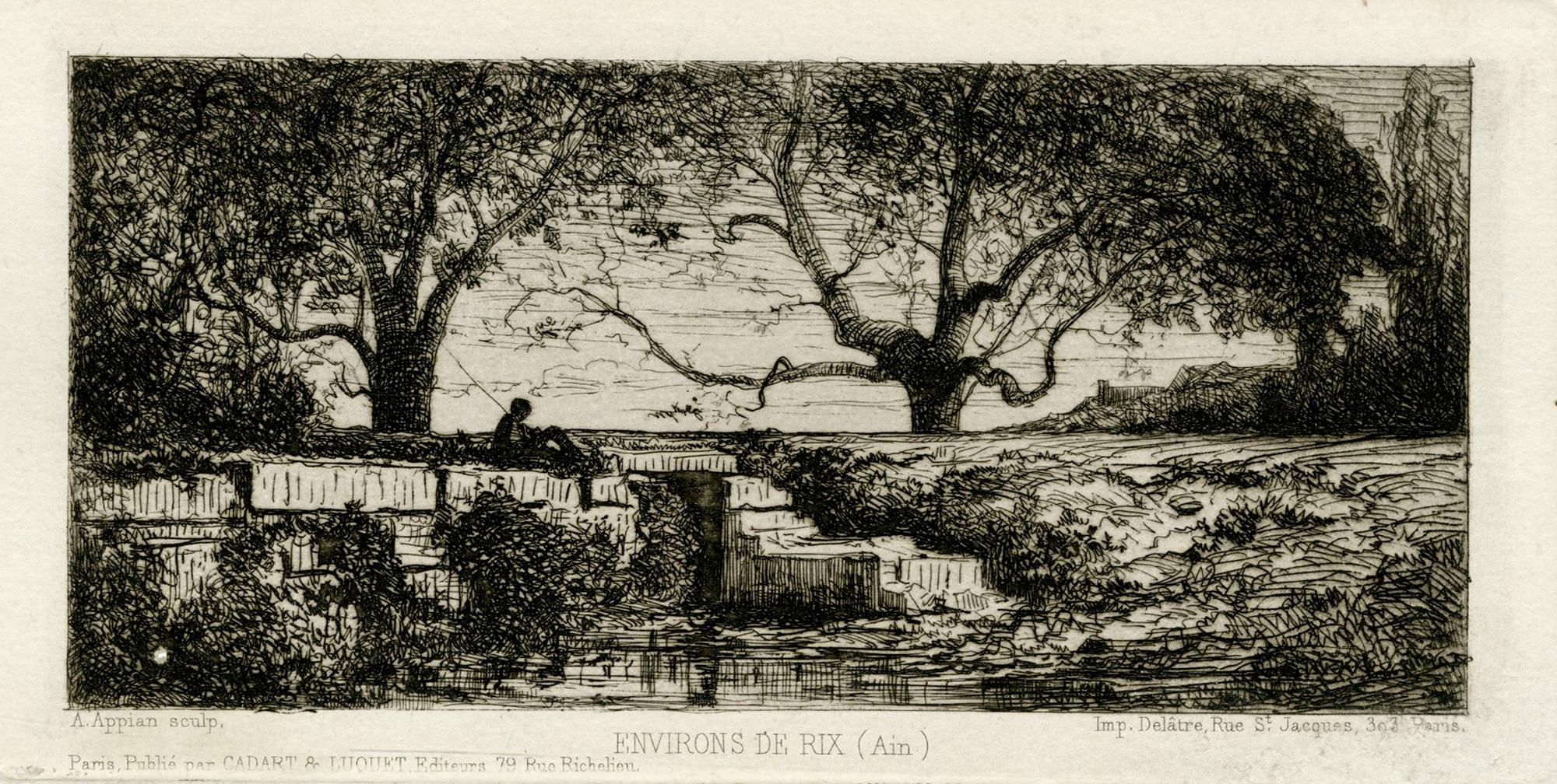 Chaland au bord d'une rivière; Environs de Rix (2); Two works - French School Print by Adolphe APPIAN