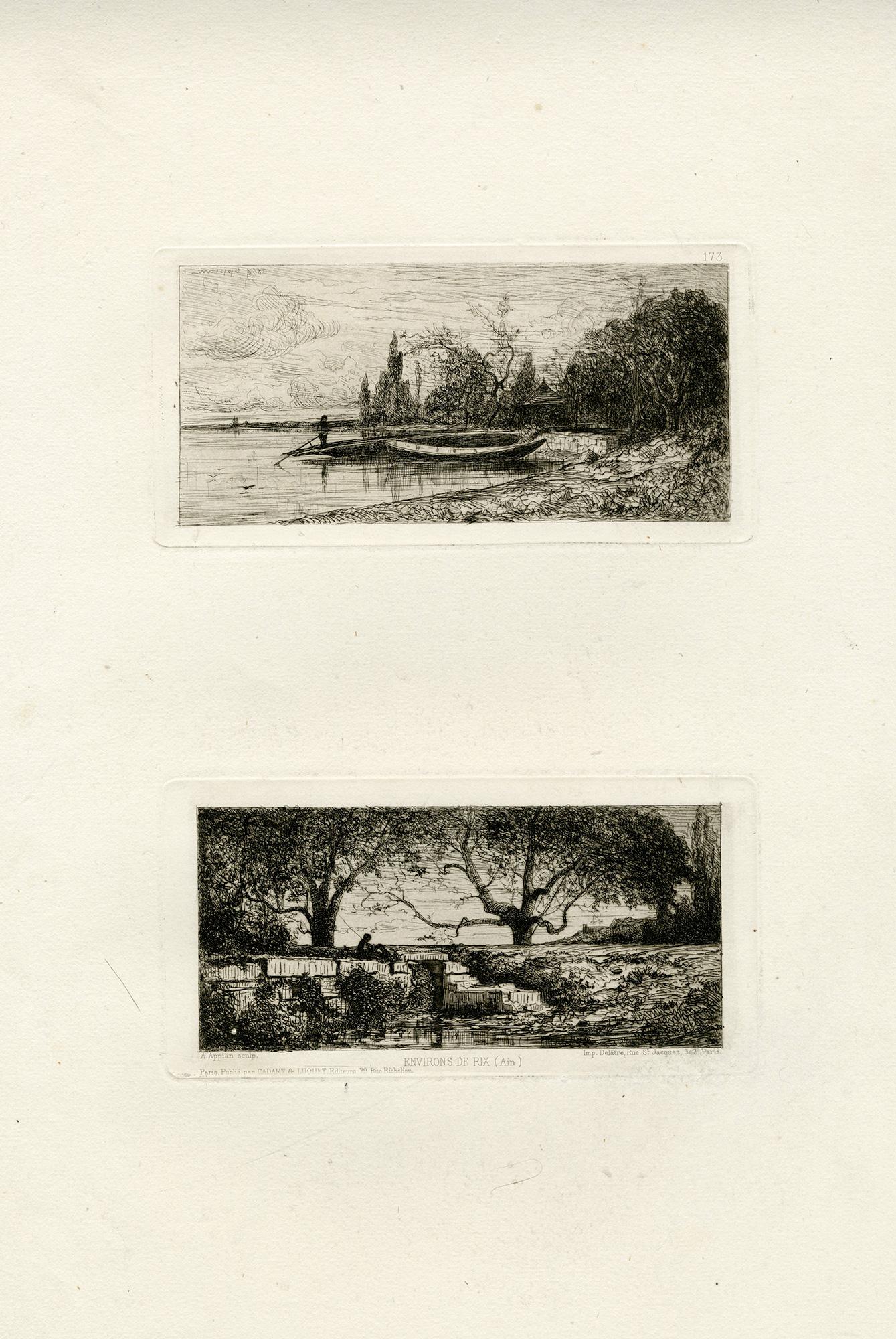 TWO WORKS / Paris: Cadart, 1865. 
Each an etching printed on one sheet of buff wove paper. Each impression measuring 3 1/2 x 7 inches (88 x 177 mm), full margins. With the Cadart blindstamp in the lower-center margin. In good condition with some