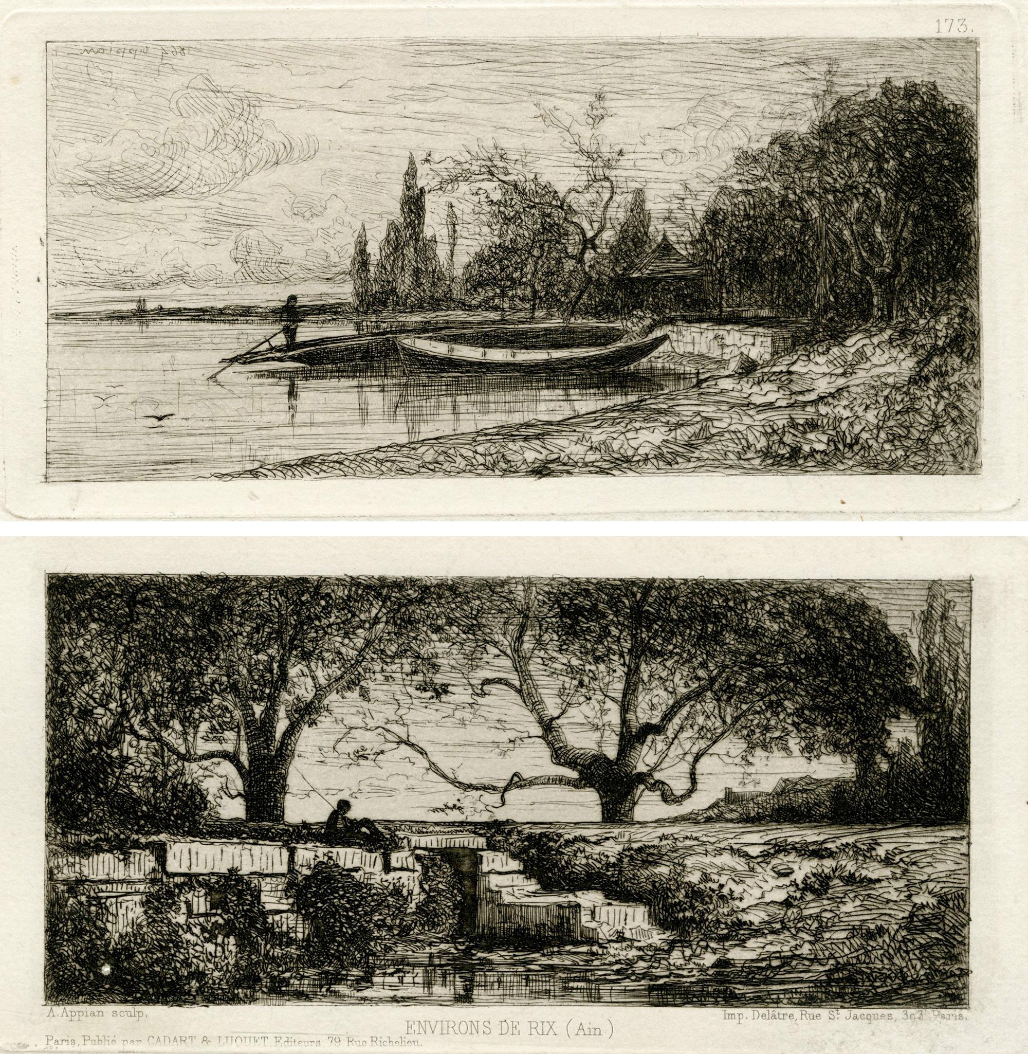 Adolphe APPIAN Figurative Print – Chaland au bord d'une rivière; Environs de Rix (2); Zwei Werke