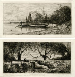 Antique Chaland au bord d'une rivière; Environs de Rix (2); Two works