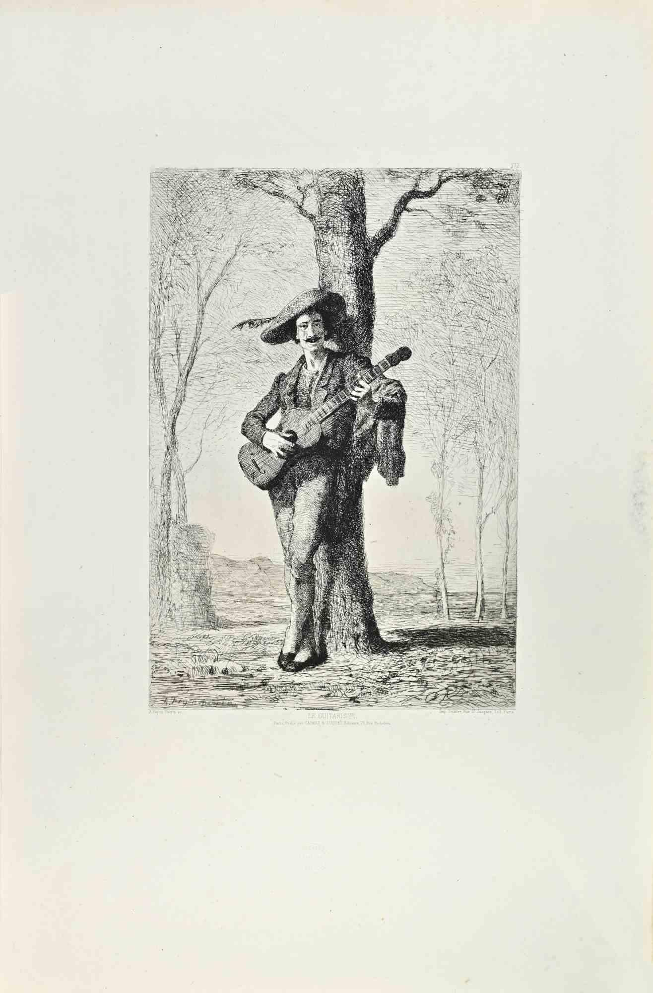 Adolphe APPIAN Figurative Print – Le Guitariste – Radierung von Auguste Feyen Perrin – 1870er Jahre