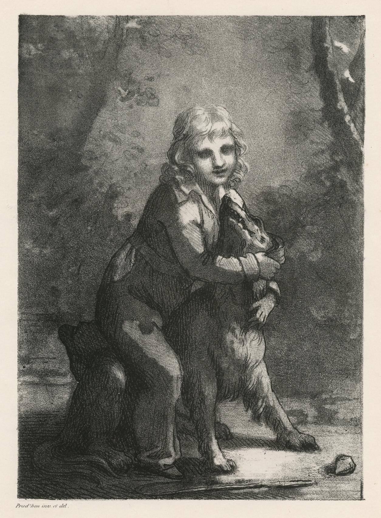 "L'enfant et chien" original lithograph - Print by Pierre-Paul Prudhon