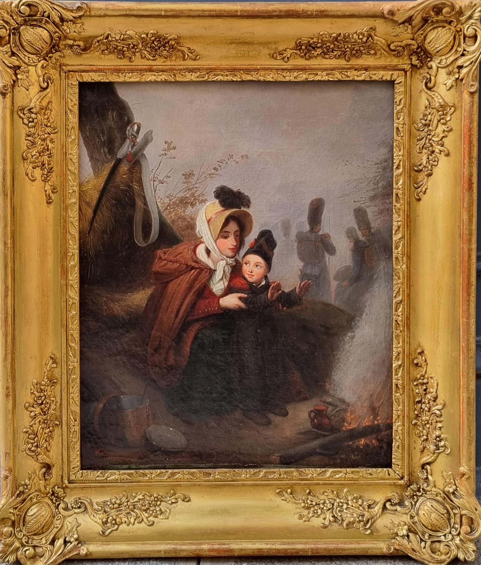 Französisch Romantische Malerei BERNARD Napoleon Soldaten Mutter und Kind  19th – Painting von Adolphe BERNARD 