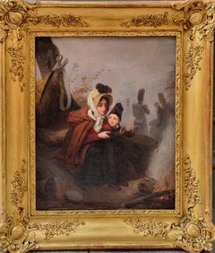 Pintura romántica francesa BERNARD Napoleón Soldados Madre e Hijo  xIX