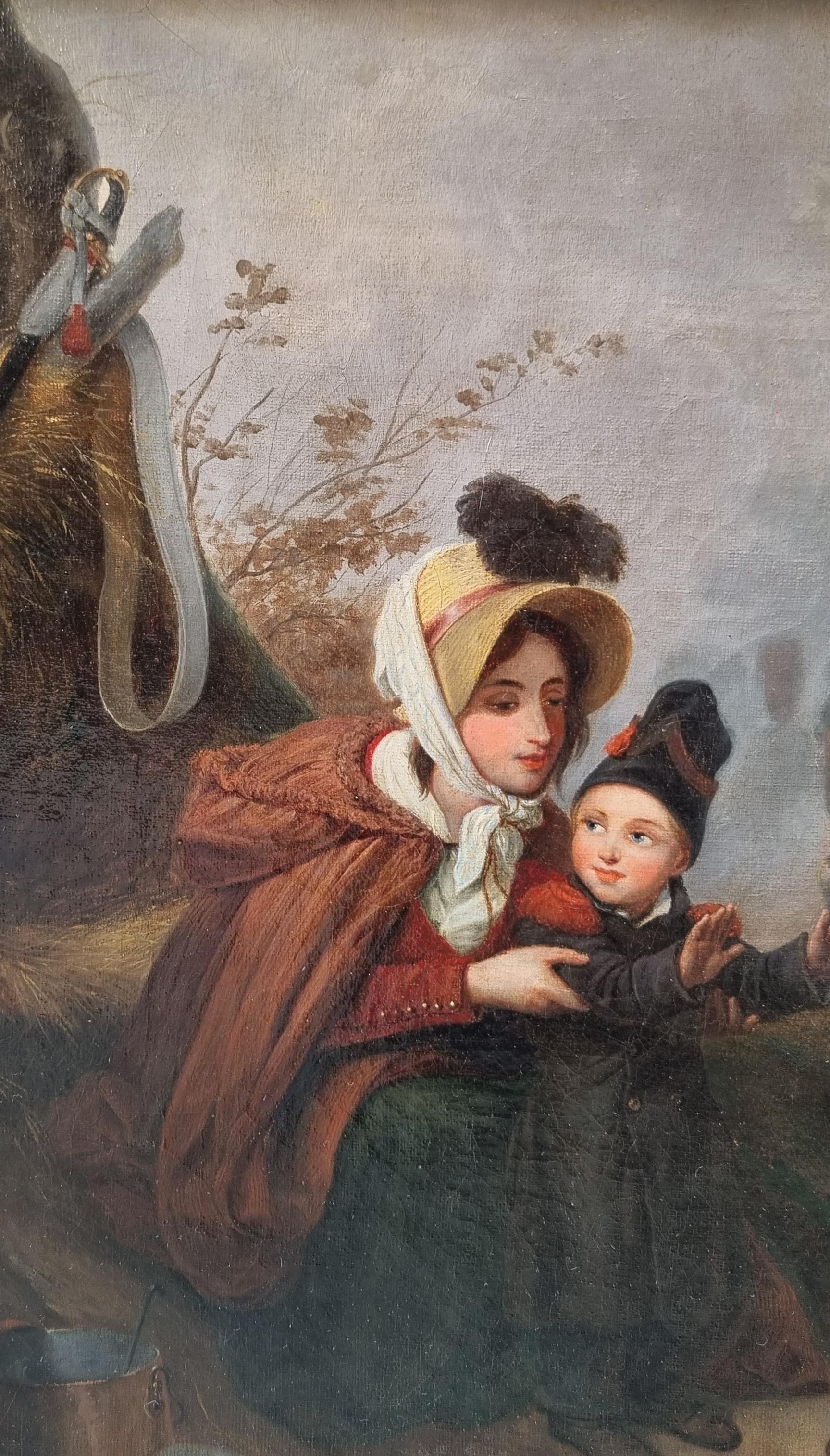 Französisch Romantische Malerei BERNARD Napoleon Soldaten Mutter und Kind  19th (Braun), Figurative Painting, von Adolphe BERNARD 