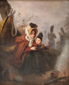 Französisch Romantische Malerei BERNARD Napoleon Soldaten Mutter und Kind  19th