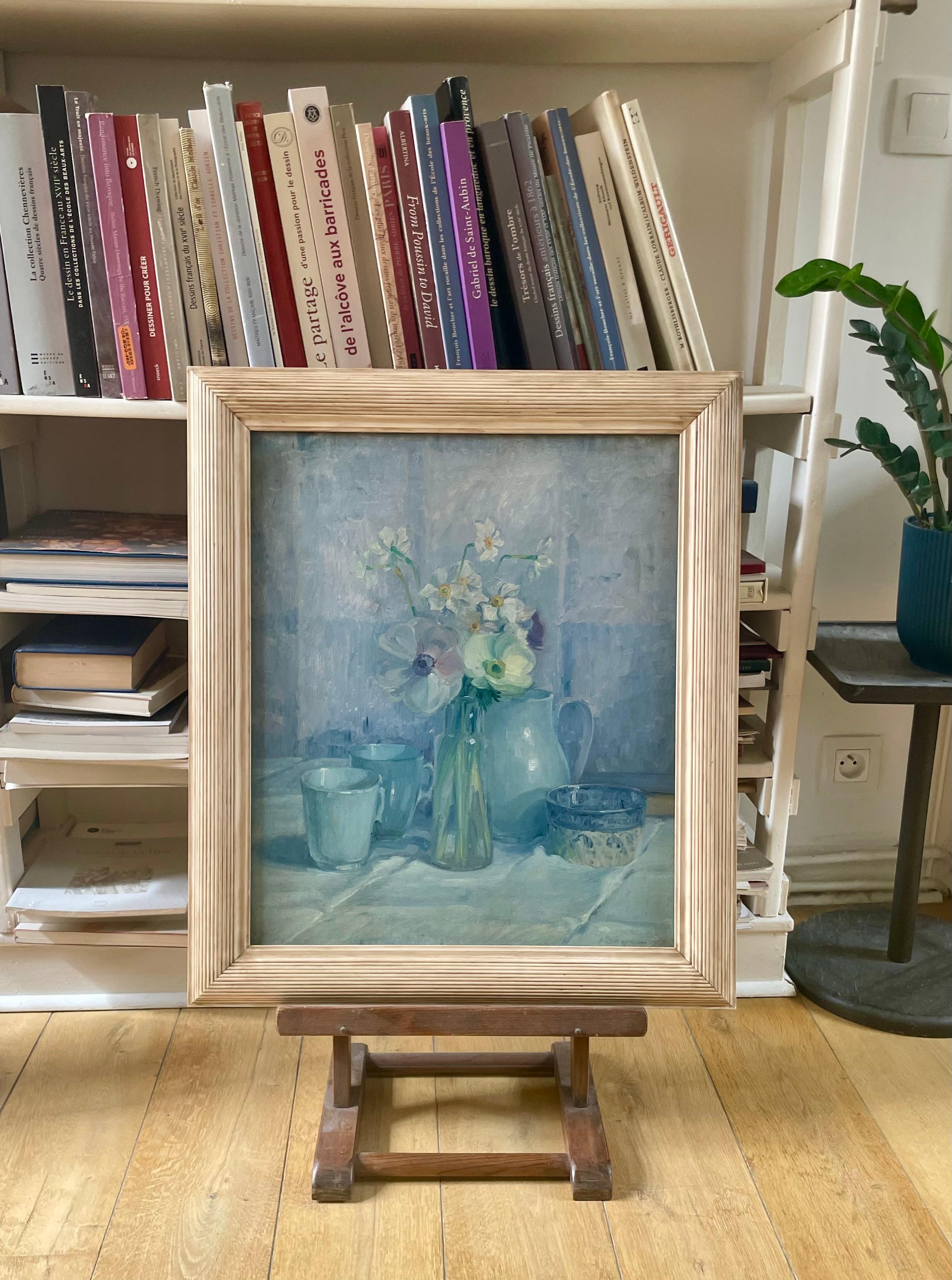 Still lifes with daffodils and glazed stoneware - Post-Impressionist Painting by Adolphe Boigegrain