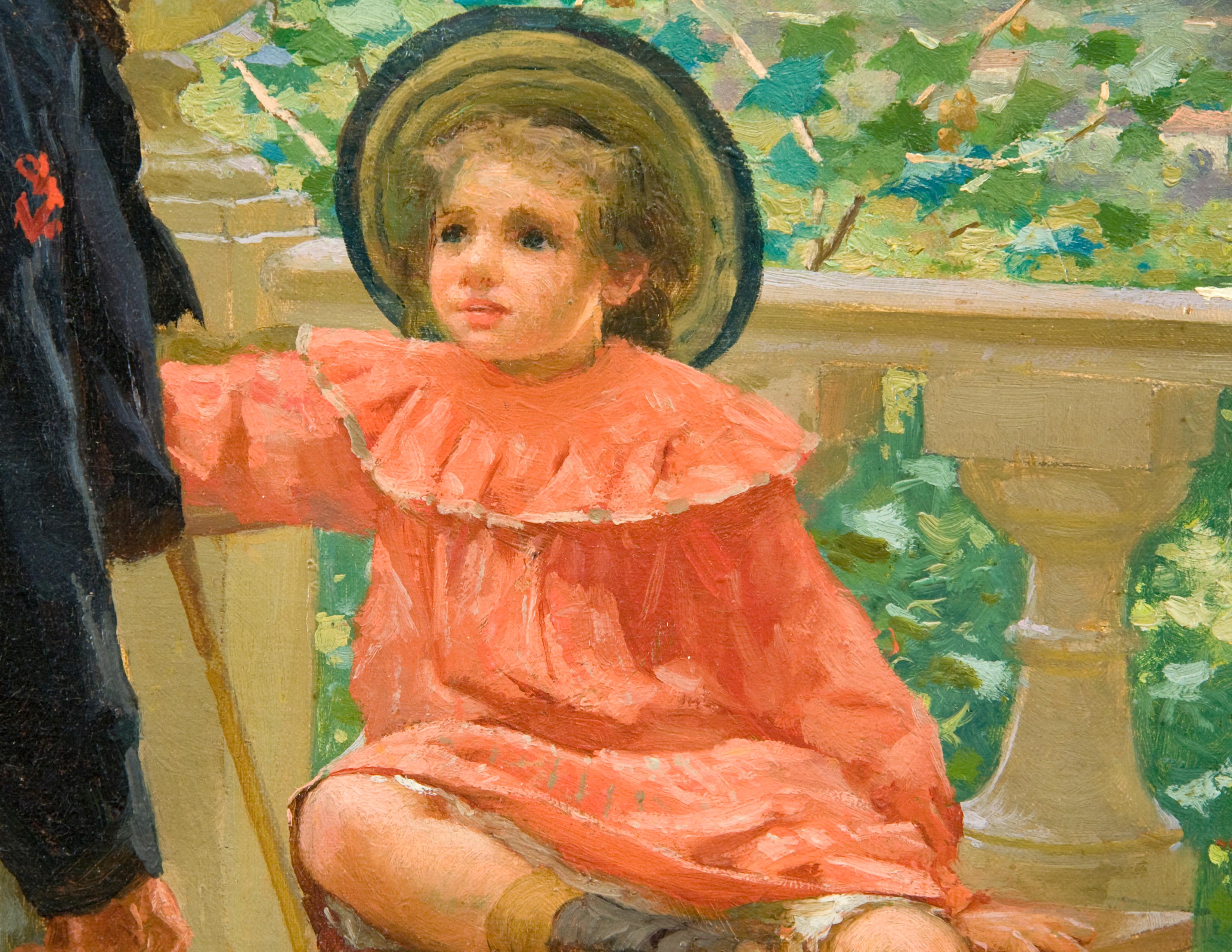 Genrebild mit eleganten Figuren auf einer Terrasse  und ausgedehnte Landschaften beim Lesen eines Briefes 

Öl auf Leinwand - signiert unten rechts 
Provenienz:
Mercier Paris 2007
Guarisco Gallery, Washington, D.C.