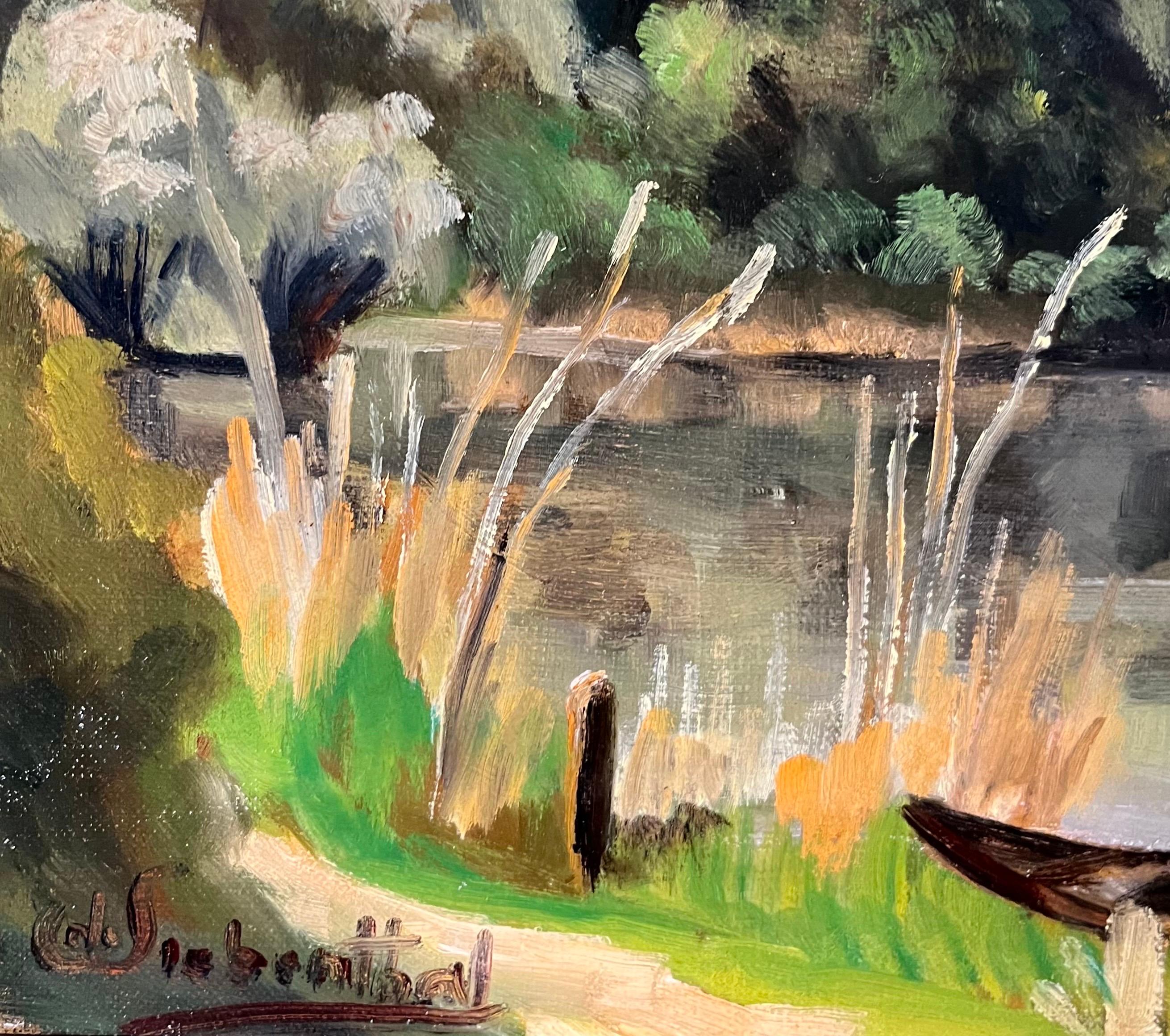 Lake and Canoe von Adolphe De Siebenthal - Öl auf Leinwand - 46x55 cm – Painting von Adolphe DE SIEBENTHAL