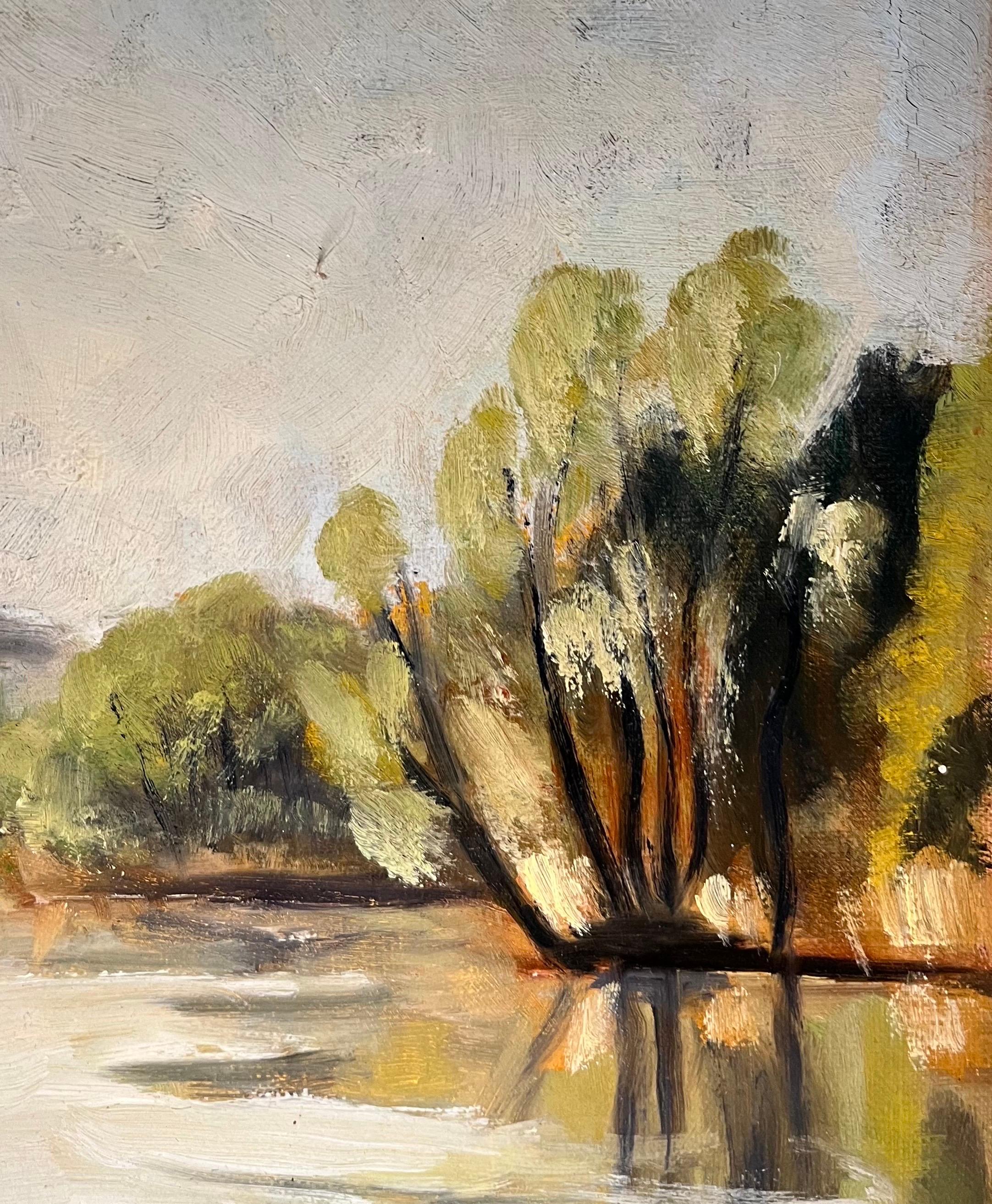 Lake and Canoe von Adolphe De Siebenthal - Öl auf Leinwand - 46x55 cm (Beige), Landscape Painting, von Adolphe DE SIEBENTHAL