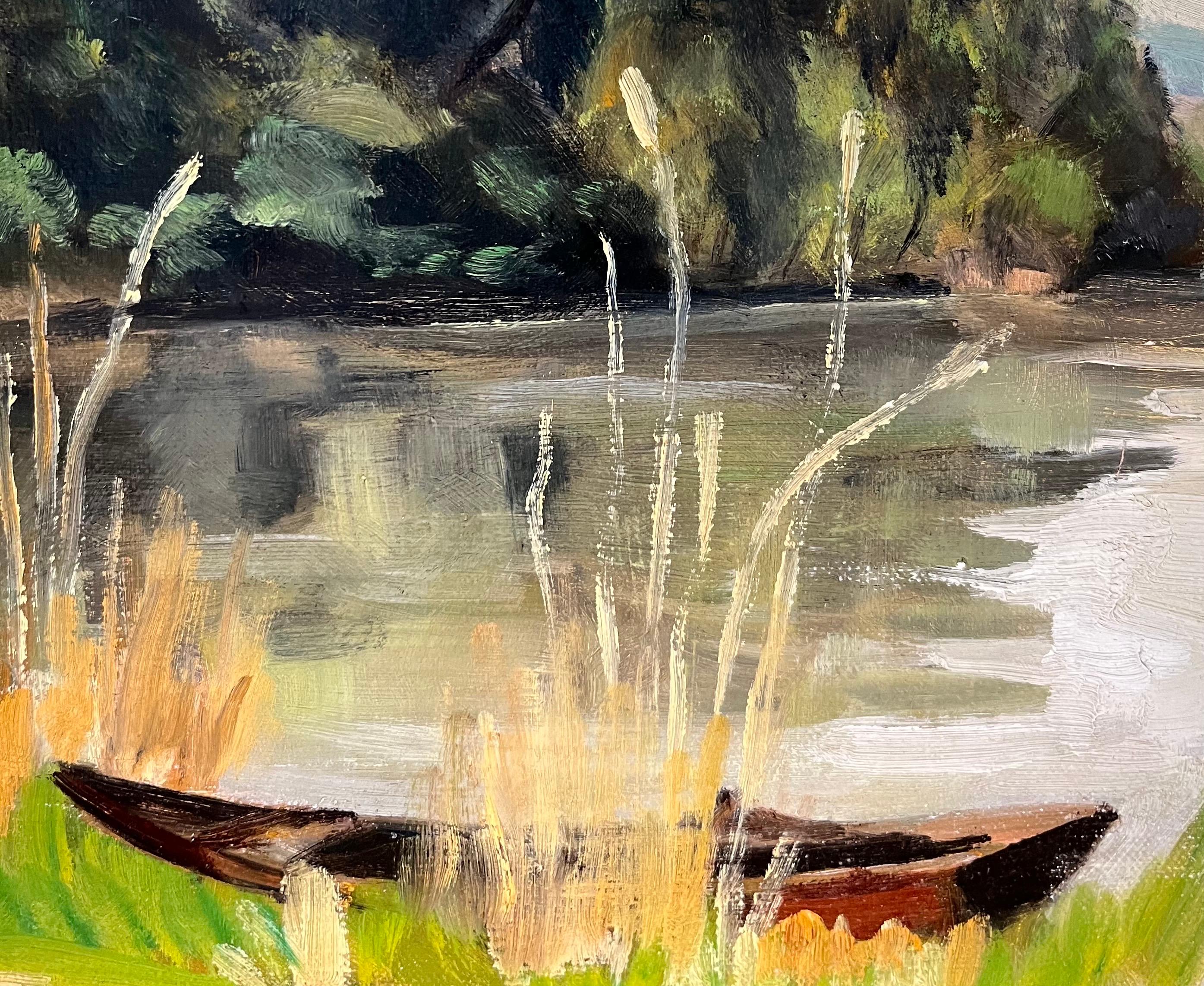 Lake and Canoe von Adolphe De Siebenthal - Öl auf Leinwand - 46x55 cm im Angebot 1