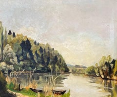 Lago e Canoa di Adolphe De Siebenthal - Olio su tela - 46x55 cm
