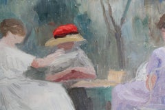 Antique French Impressionist Oil Painting of Three Women in the Garden