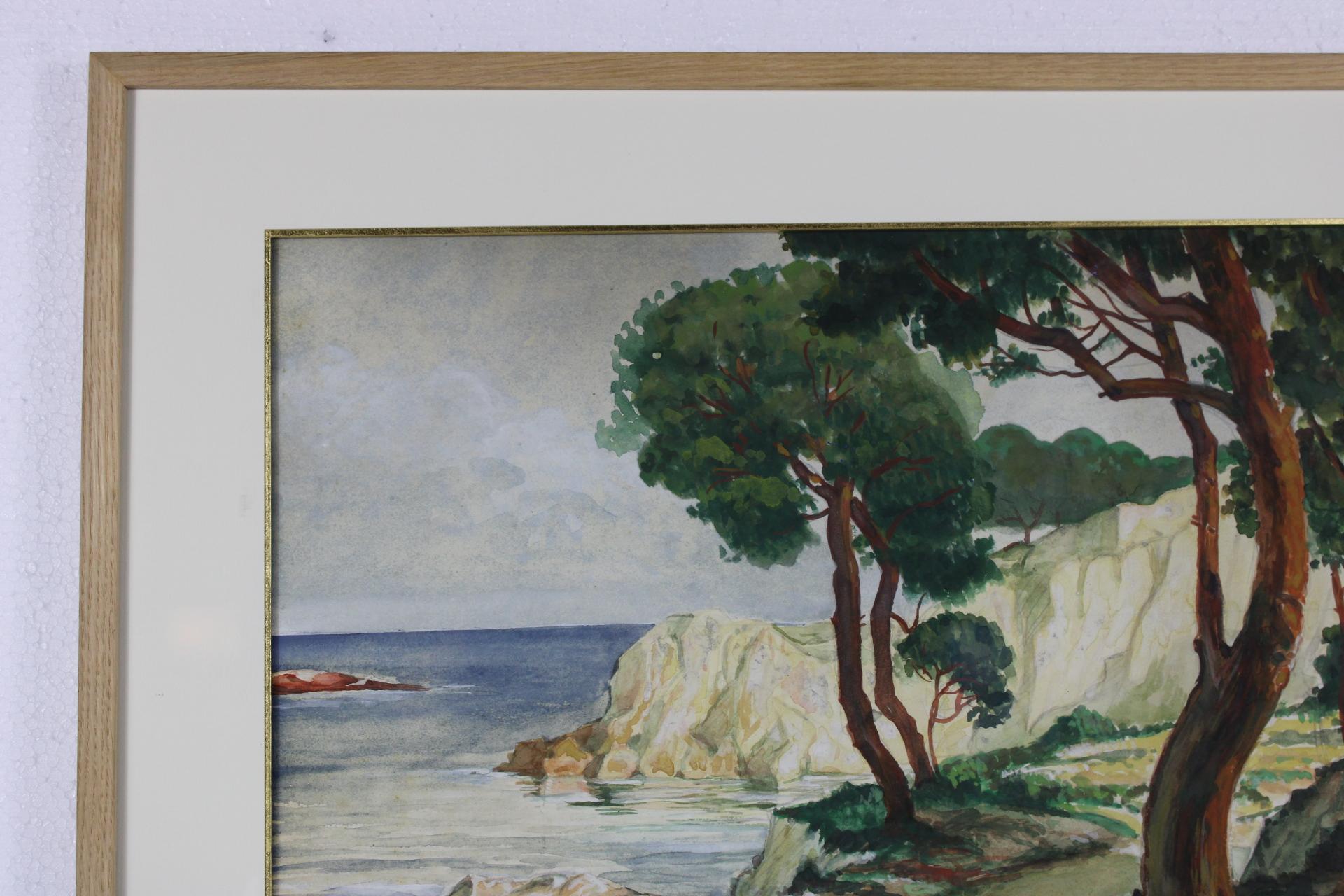 Mediterranean Sea, Original Impressionist Large Watercolor, French Painter - Painting by Adolphe Gaussen