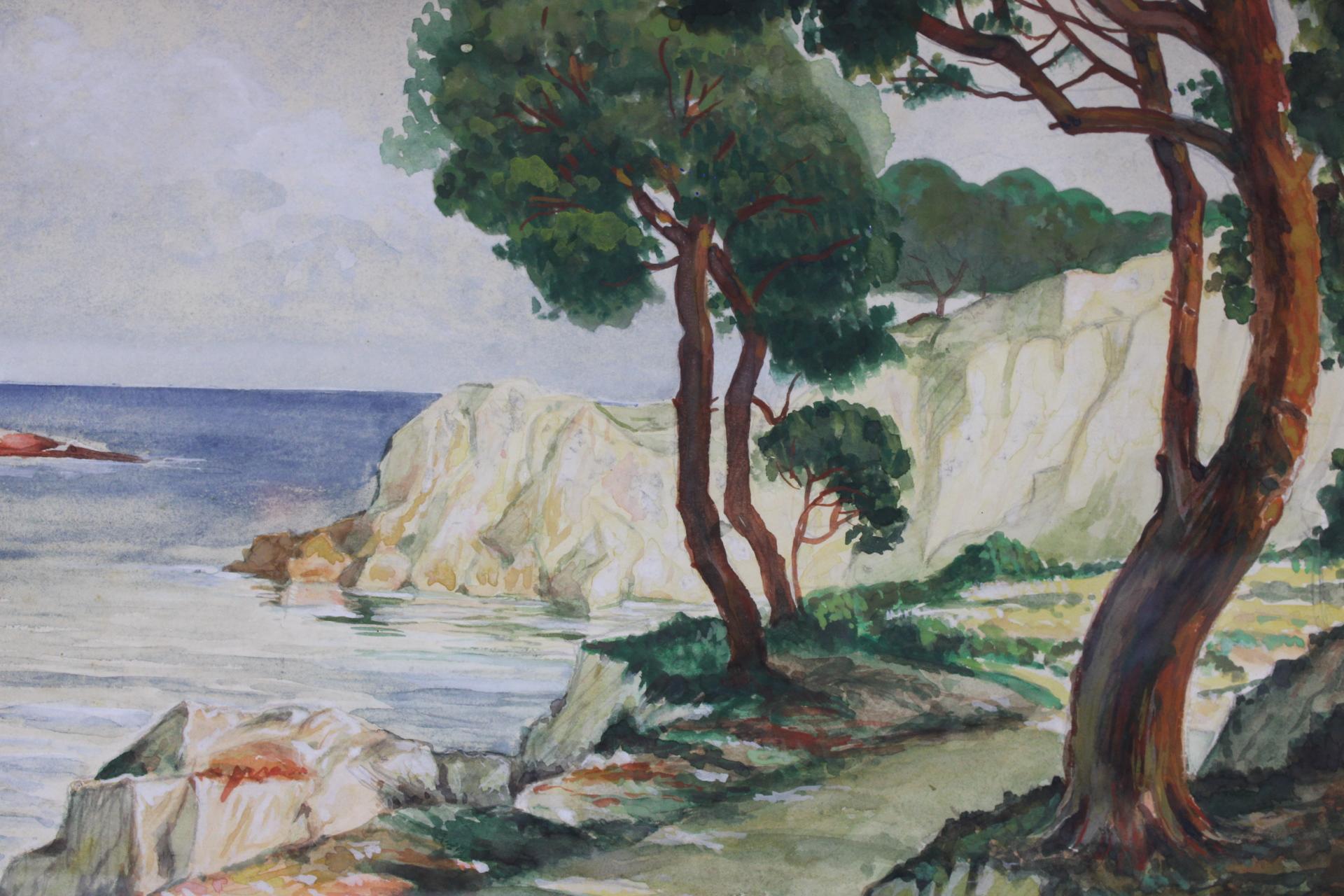 Mediterranean Sea, Original Impressionist Large Watercolor, French Painter For Sale 1
