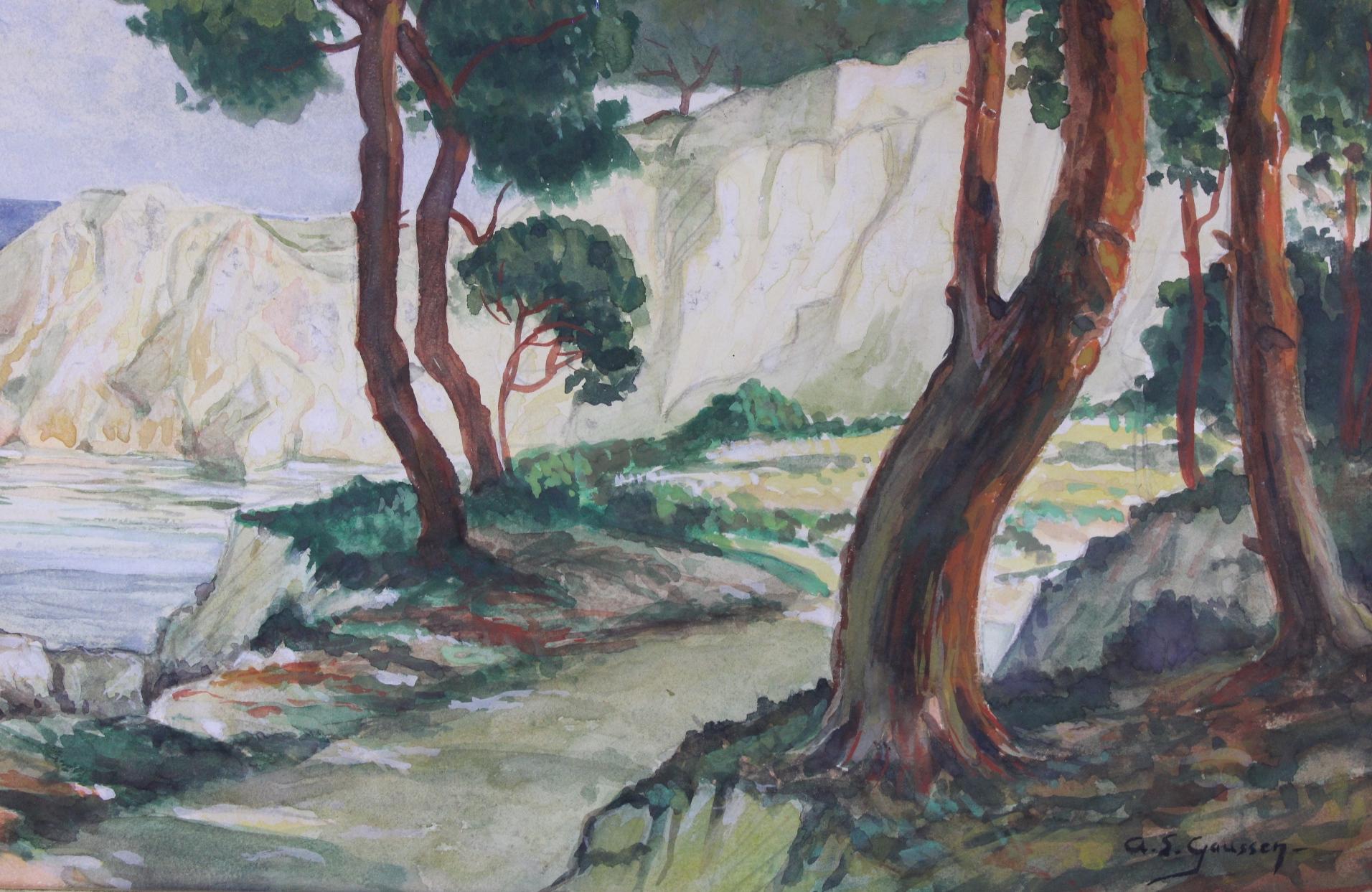 Grande aquarelle impressionniste originale de la mer Méditerranée, peintre français - Impressionnisme Painting par Adolphe Gaussen
