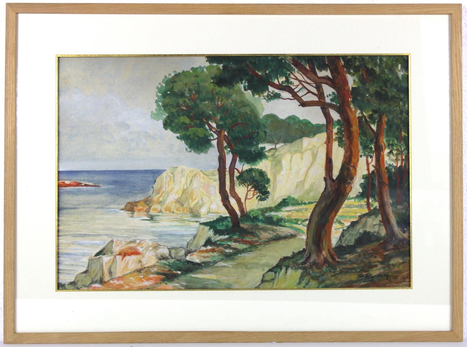 Adolphe Gaussen Figurative Painting - Mediterranean Sea, Original Impressionist Large Watercolor, French Painter