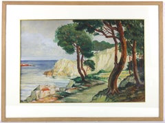 Grande aquarelle impressionniste originale de la mer Méditerranée, peintre français