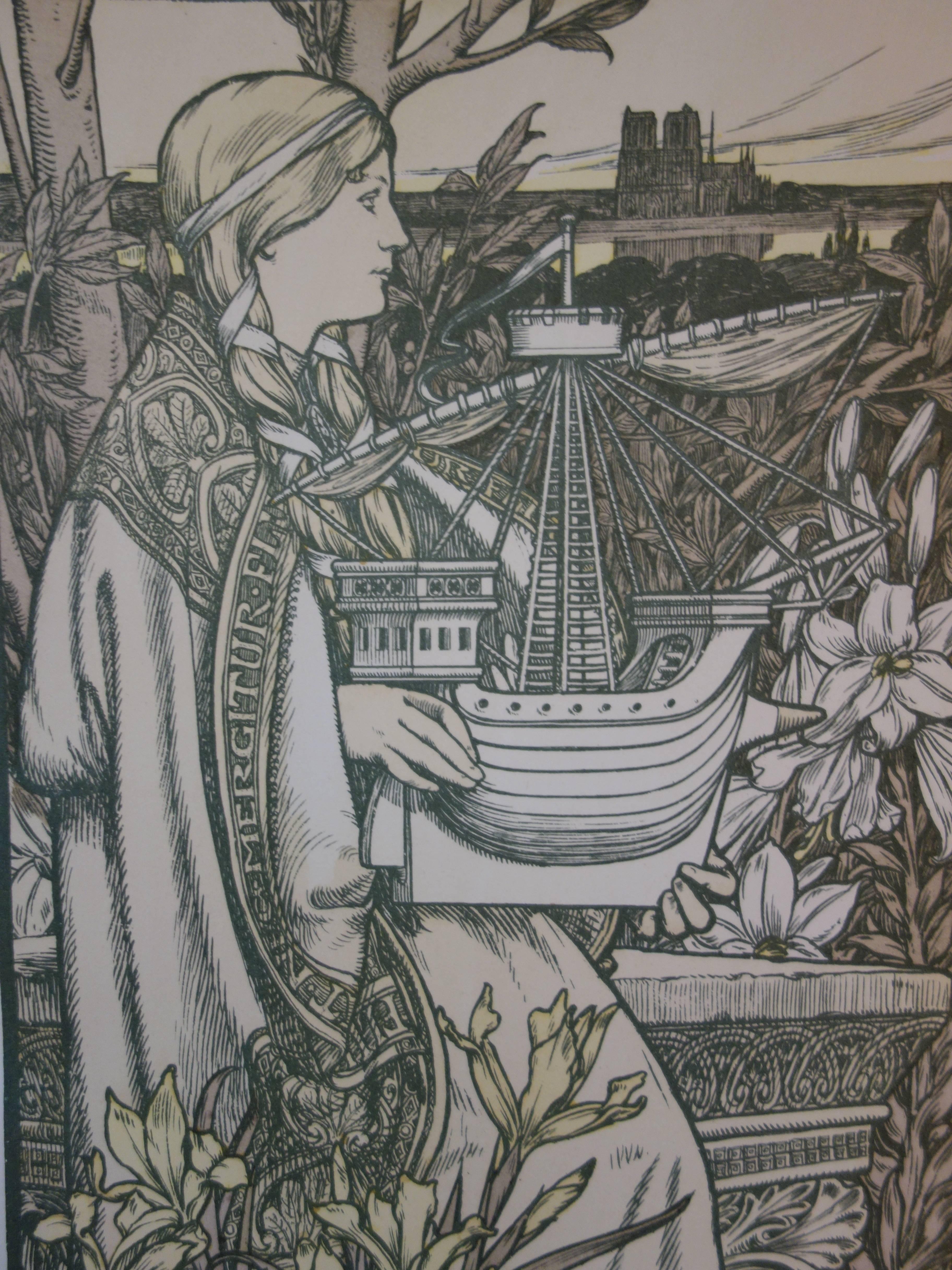 Allegorie von Paris: Lutece – Originallithographie – 1898 (Art nouveau), Print, von Adolphe Giraldon