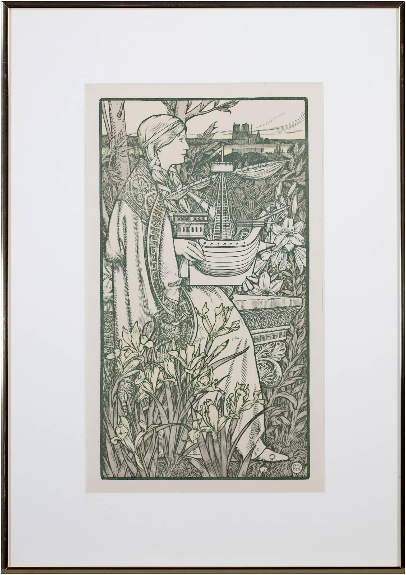 Adolphe Giraldon Figurative Print - "Lutece (L'Estampe Moderne II), " Original green figurative art nouveau print