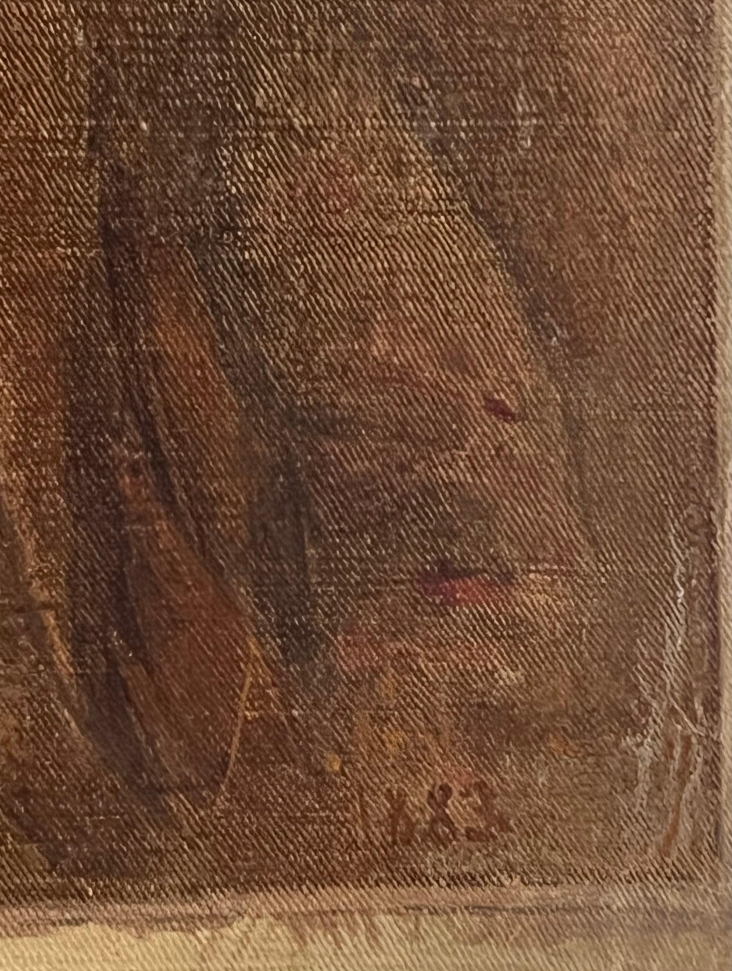 Portrait believed to be of Ambroise Vollard
by Adolphe GUMERY (1861-1943)
oil painting on canvas stuck on board, unframed
faintly signed & dated 1883
board: 10 x 8.5 inches
condition: very good though the edges of the canvas are lifting a little.