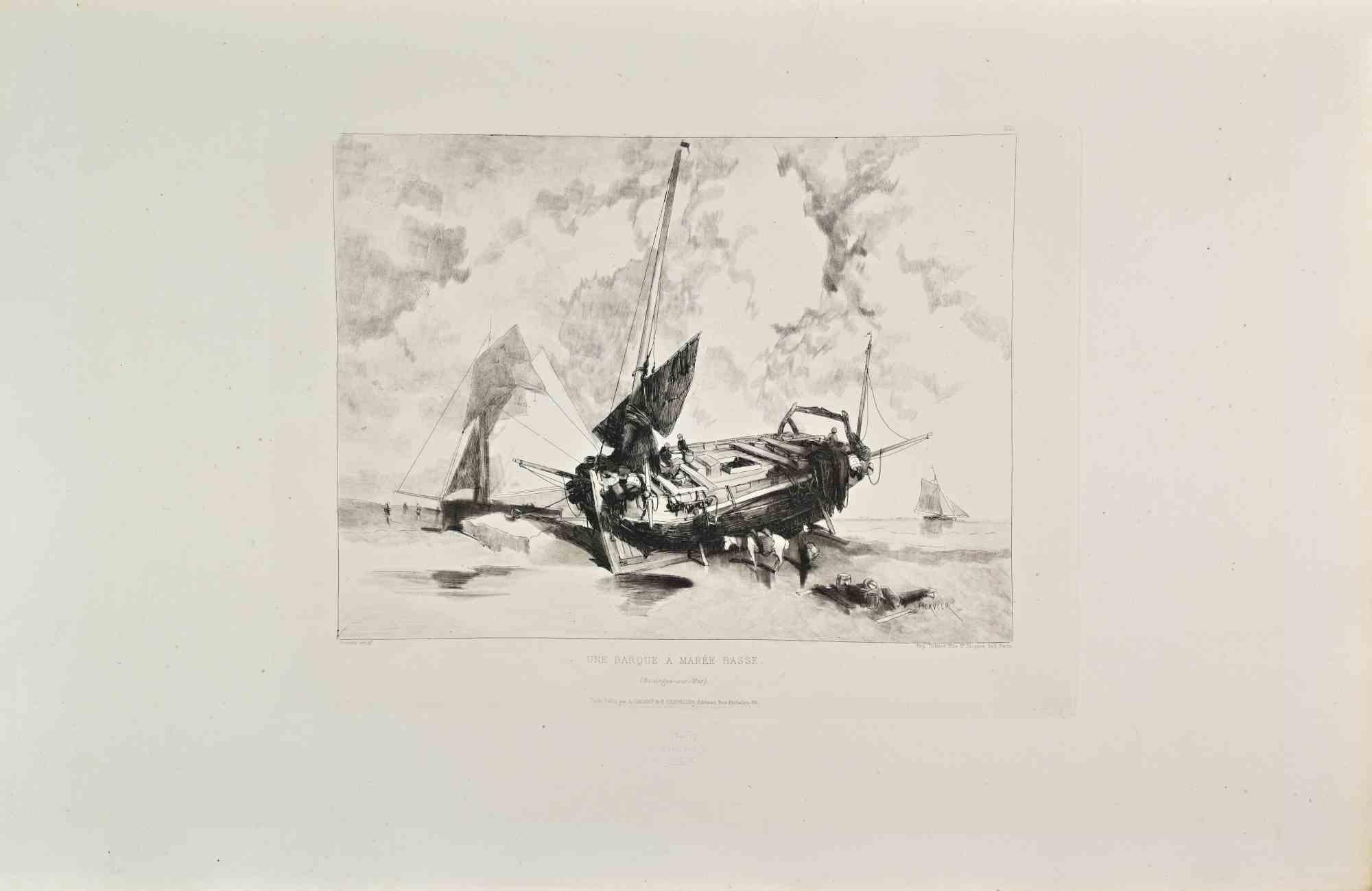 Une Barque a Maree Basse is a black and White etching realized by Adolphe Hervier in the Late 19th Century. 

Titled in the lower

Image Size: 24x32

Very good impression.

Realized by Cadart for the "Société des Aquafortistes. Born on the