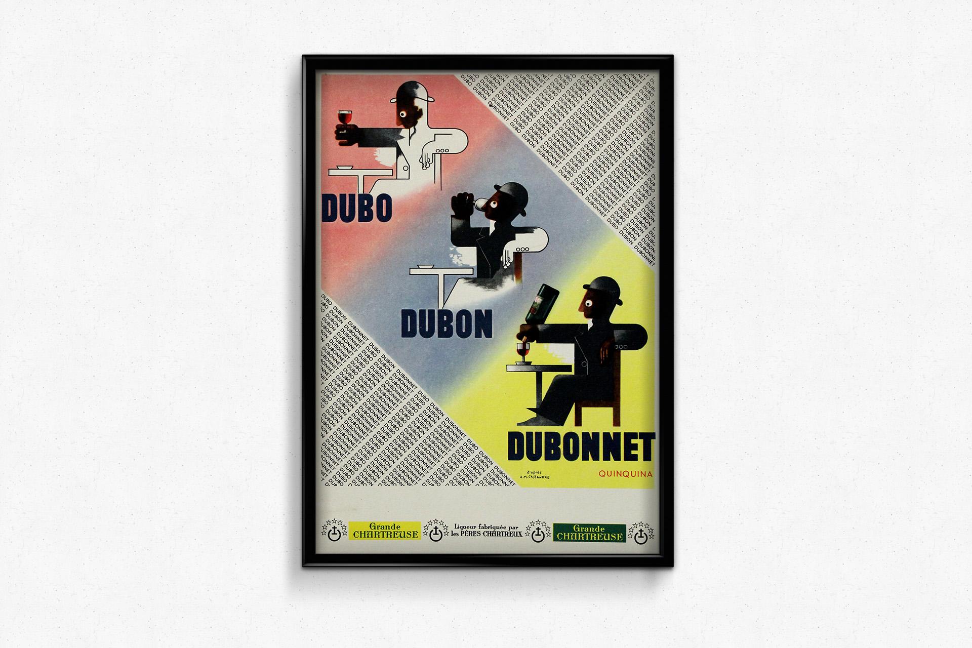 L'affiche originale de 1932 après A&M. Cassandre pour Dubo Dubon Dubonnet est l'une des pièces les plus emblématiques de l'art publicitaire du début du XXe siècle. Conçue par le célèbre artiste français Adolphe Mouron Cassandre, cette affiche est un