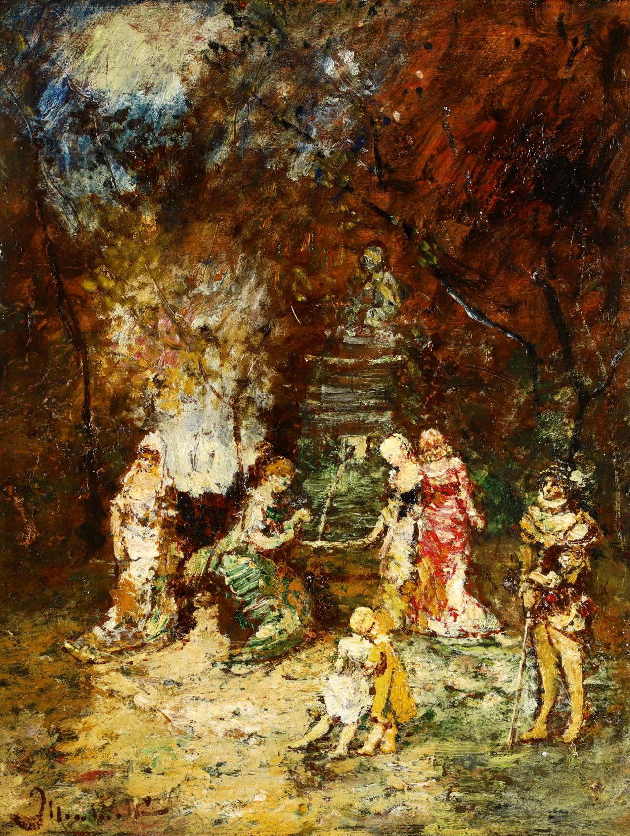 Adolphe Joseph Thomas Monticelli Landscape Painting - Elegants in a Park - Figurative Impressionist Oil Painting by Adolphe Monticelli