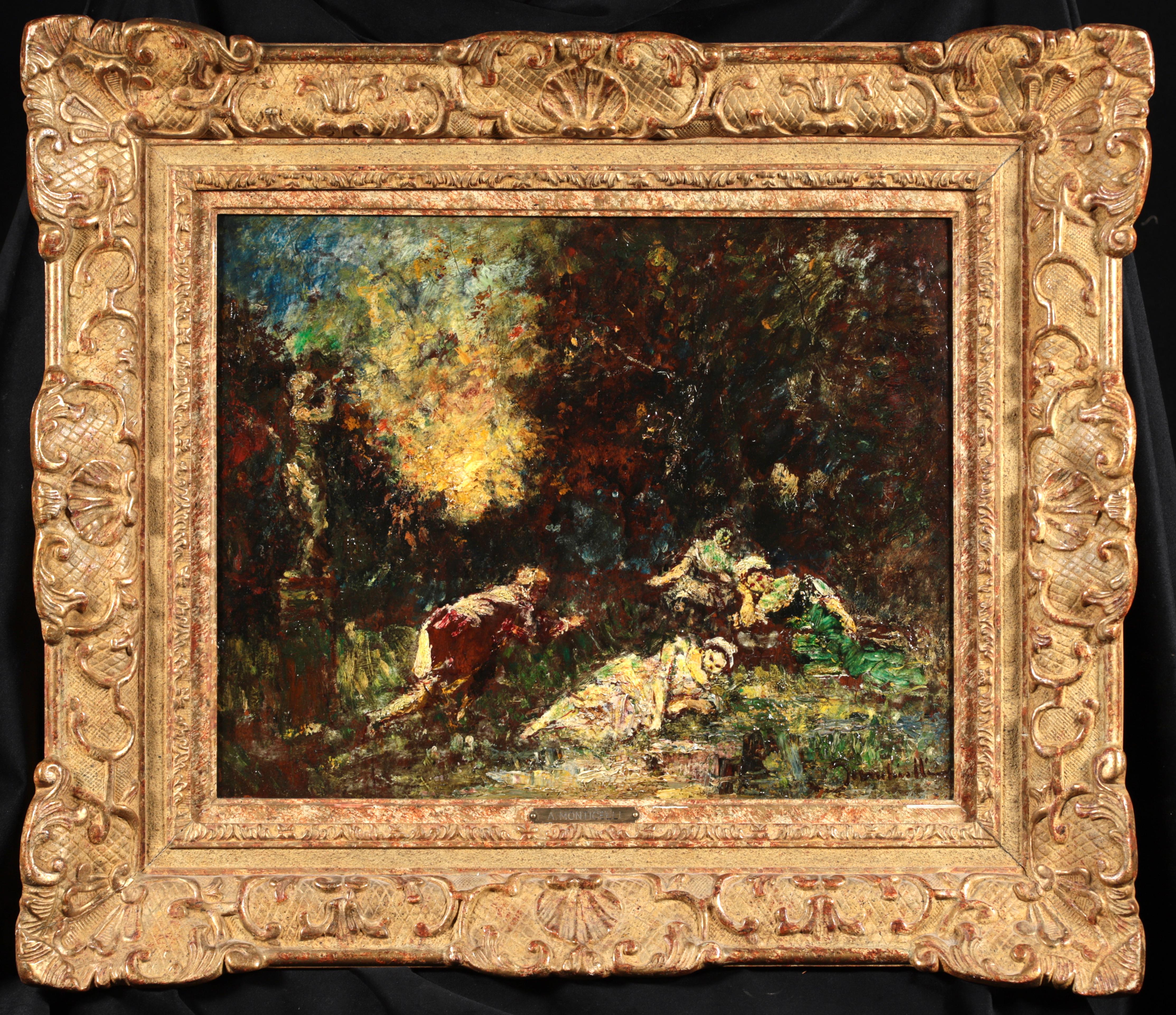 Landscape Painting Adolphe Joseph Thomas Monticelli - Picking Violets - Huile impressionniste, Figures in Landscape d'Adolphe Monticelli