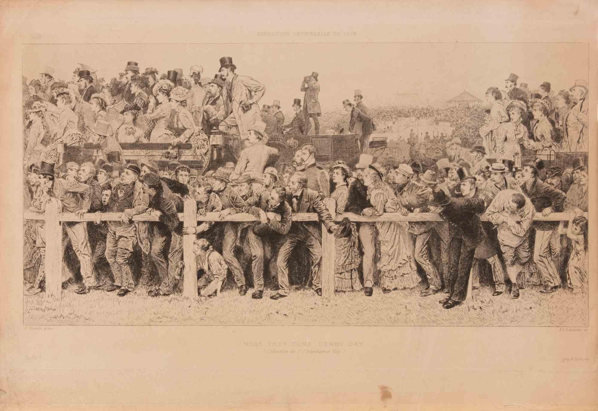 Here They Come Derby Day ist eine Druckgrafik des französischen Künstlers Adolphe Lalauze aus dem Jahr 1878, die nach einem Werk von C. Green entstand.

Radierung auf Papier

Signiert und Titel auf der Platte 

Guter Zustand und gealtert.