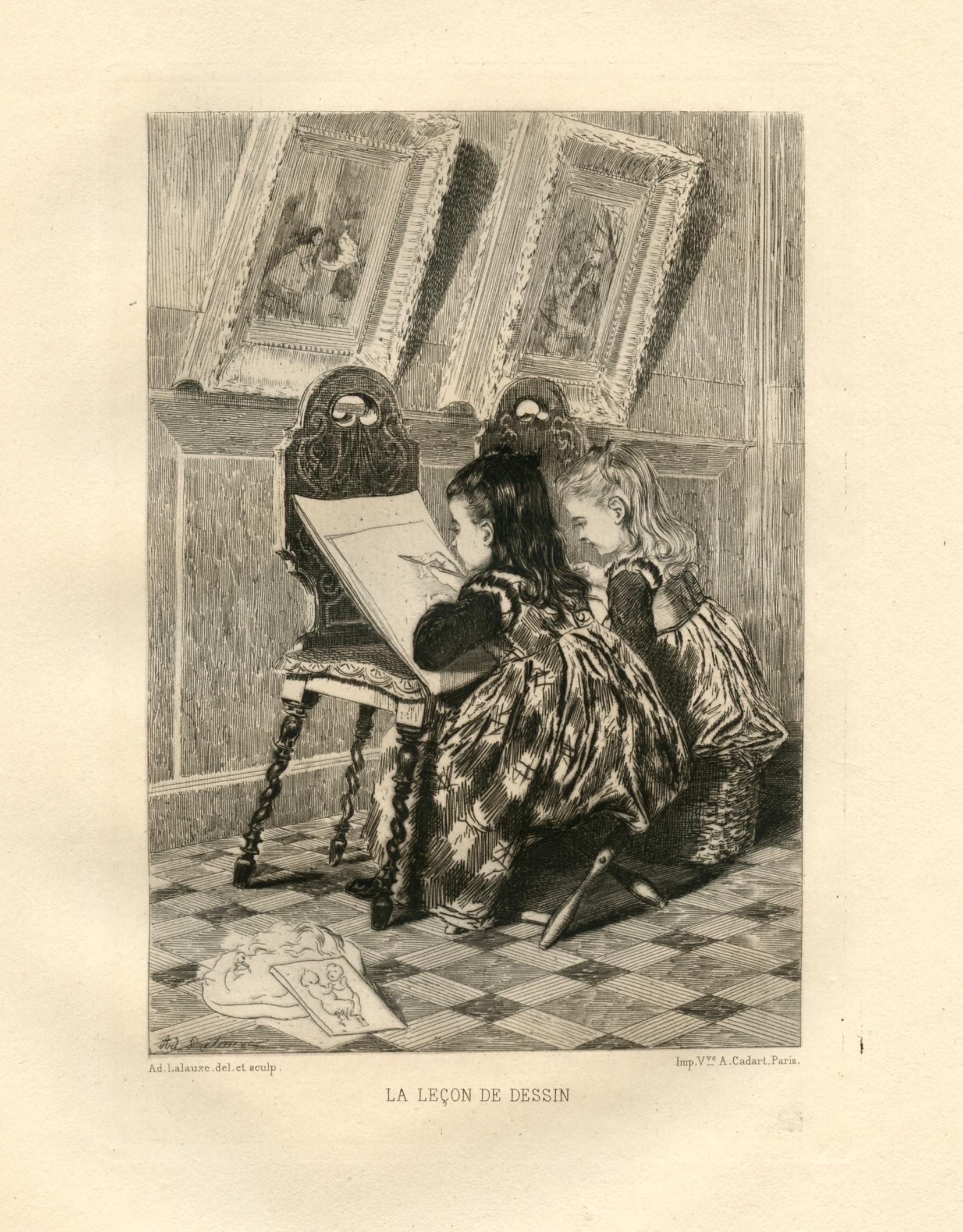 "The Drawing Lesson" original etching - Print by Adolphe Lalauze