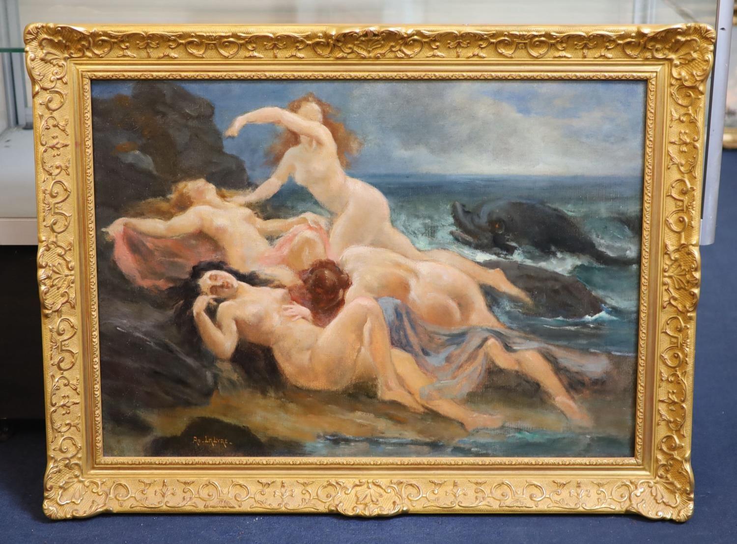 Artist/ School:  Adolphe Lalyre (French, 1848-1933) 

Title:  Sirens and dolphin beside rocks

Medium: signed oil on canvas, framed.

canvas size: 21.5 x 31 inches plus the frame

Condition: The painting is in overall very good and sound condition.