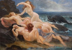 Antikes französisches symbolistisches Ölgemälde Sirenen und Delphin neben Felsen Coastal 