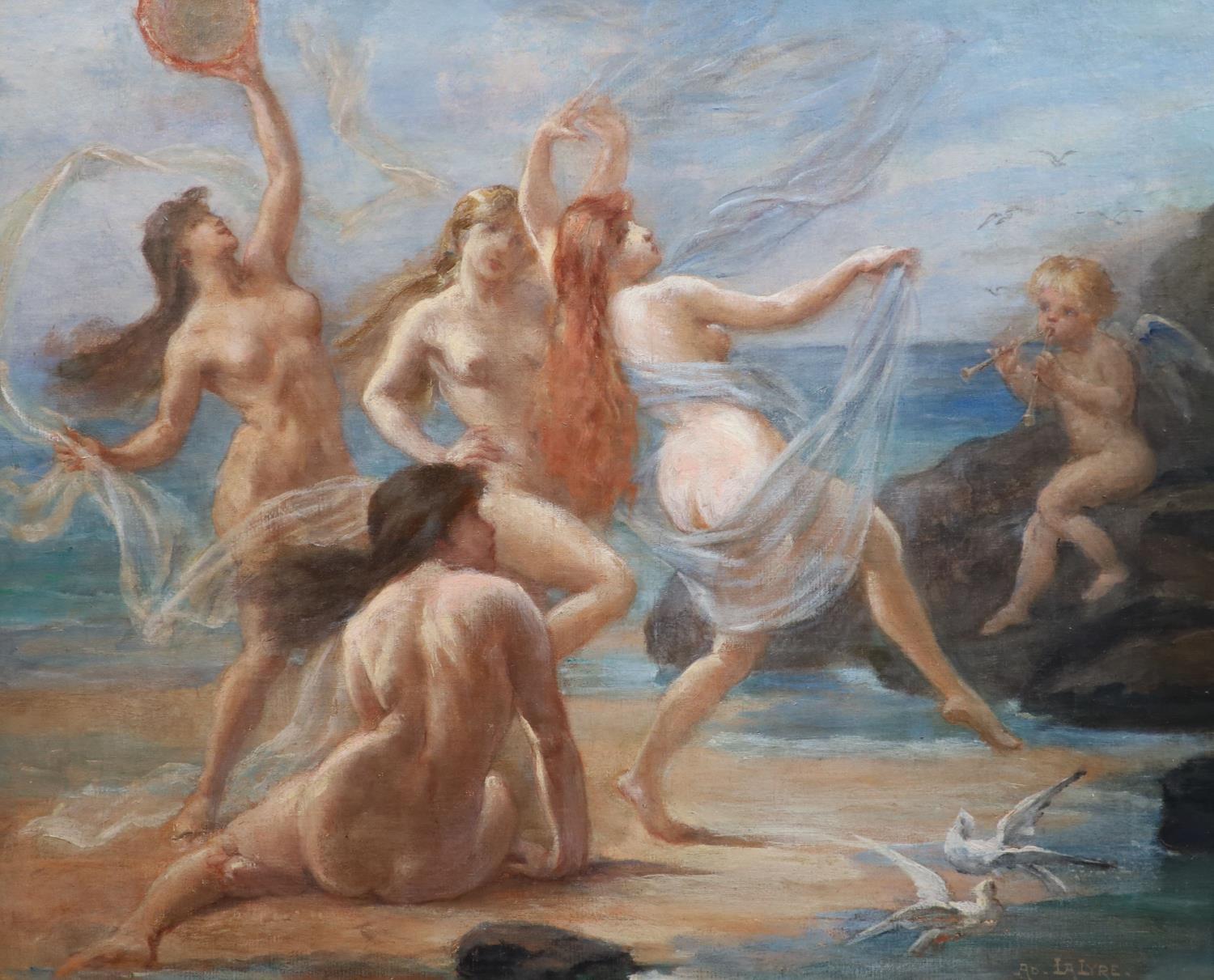 Fino óleo francés antiguo Sirenas y Cupido bailando a orillas del mar