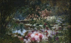 Water Lilies on Lake - 19th Century Oil, Flowers in Landscape by Castex-Degrange