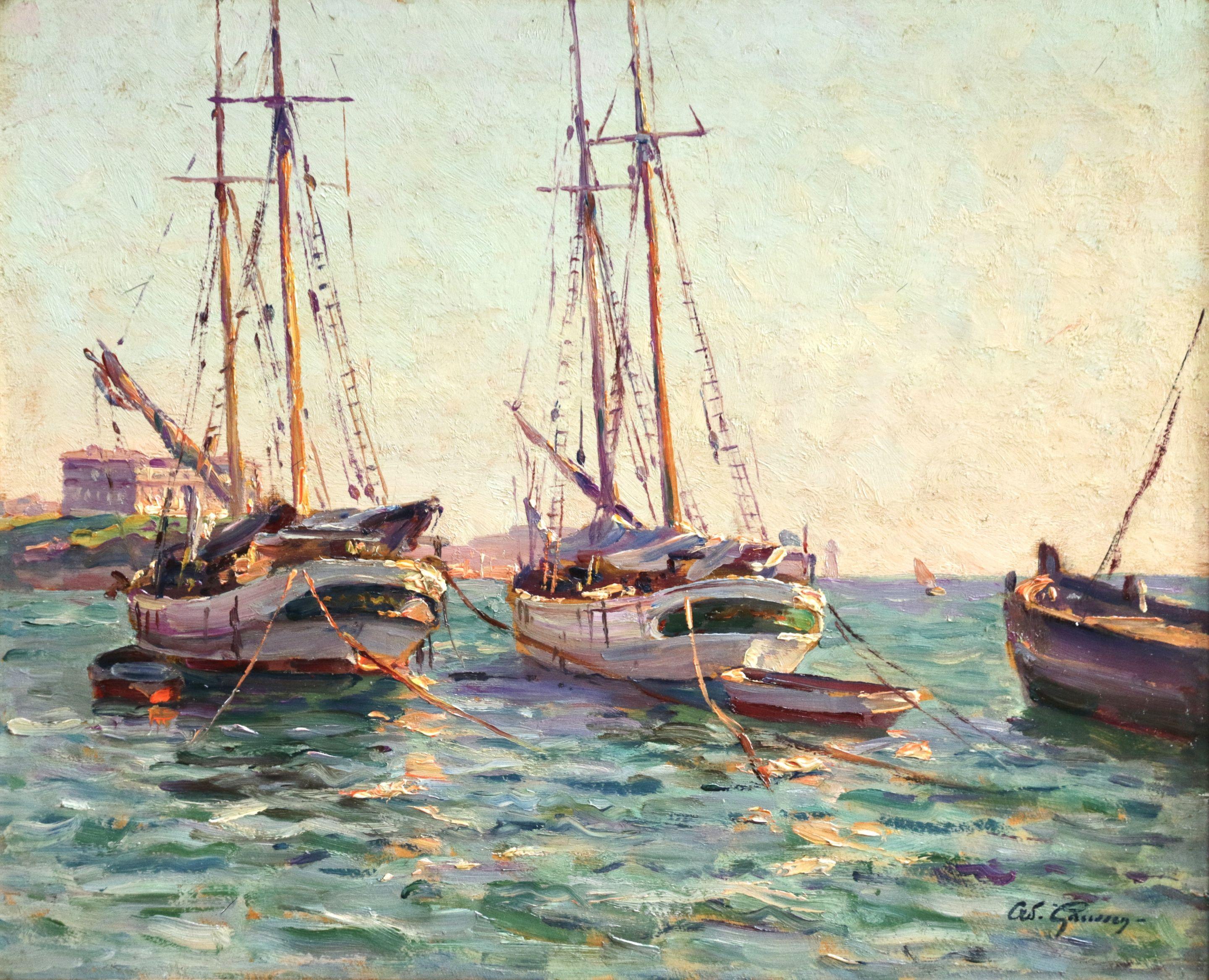 Landscape Painting Adolphe Louis Gaussen - Bateaux à L'ancre - Marseille - Huile marine du 19e siècle, Bateaux en mer par Gaussen