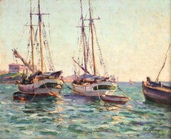 Antique Bateaux à L'ancre - Marseille - 19th Century Marine Oil, Boats in Sea by Gaussen
