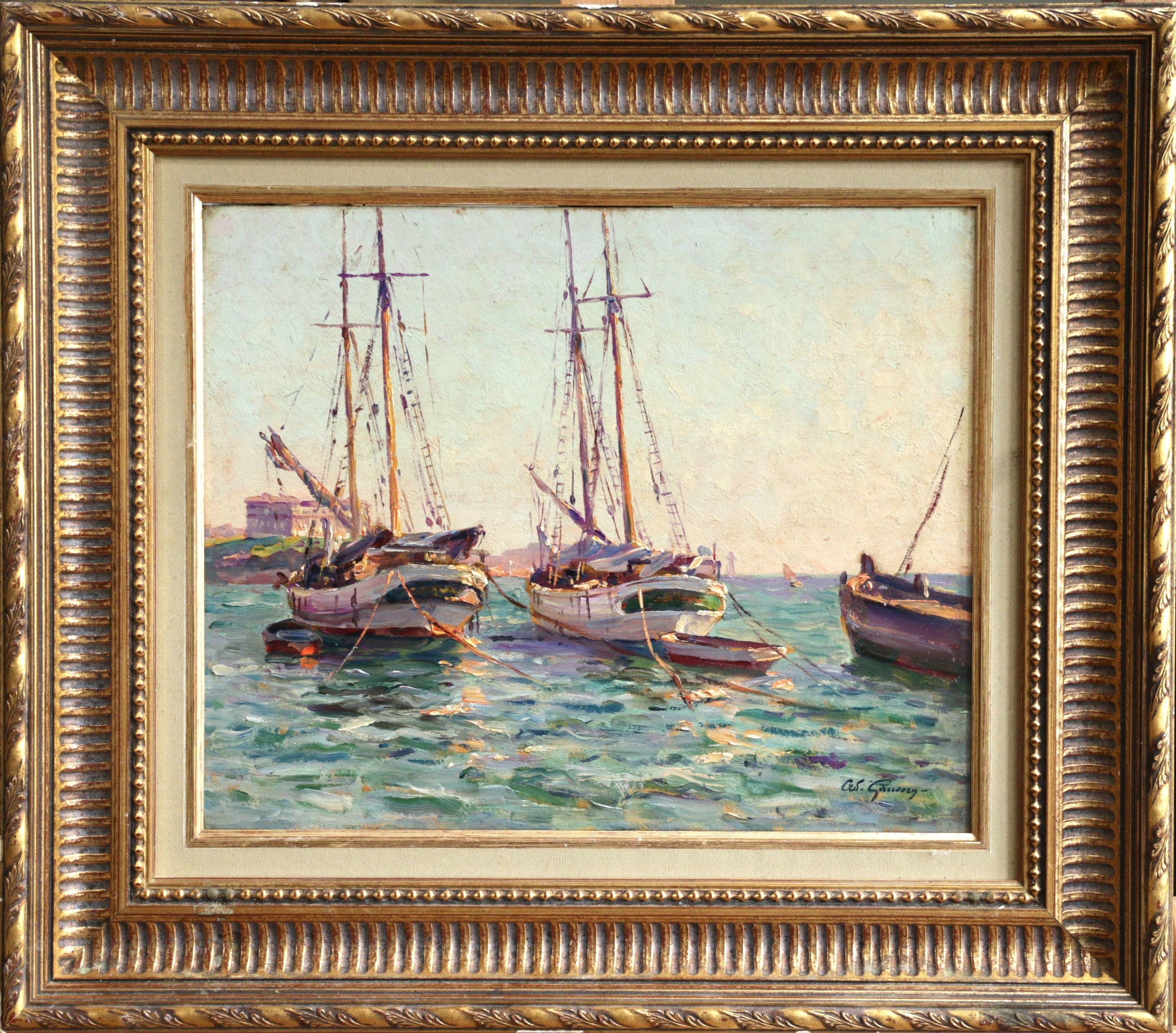 Bateaux à L'ancre - Marseille - Huile marine du 19e siècle, Bateaux en mer par Gaussen - Painting de Adolphe Louis Gaussen
