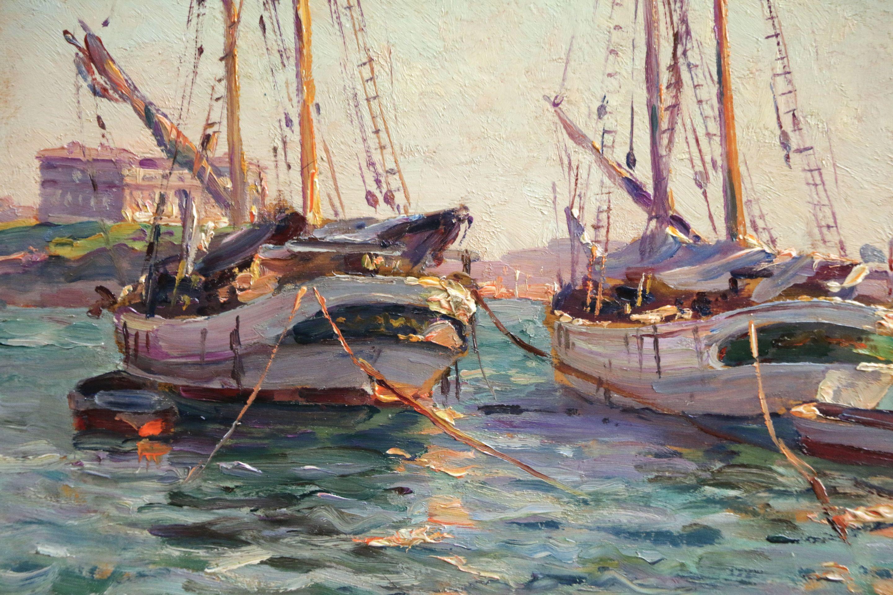Bateaux à L'ancre - Marseille - Huile marine du 19e siècle, Bateaux en mer par Gaussen - Beige Landscape Painting par Adolphe Louis Gaussen