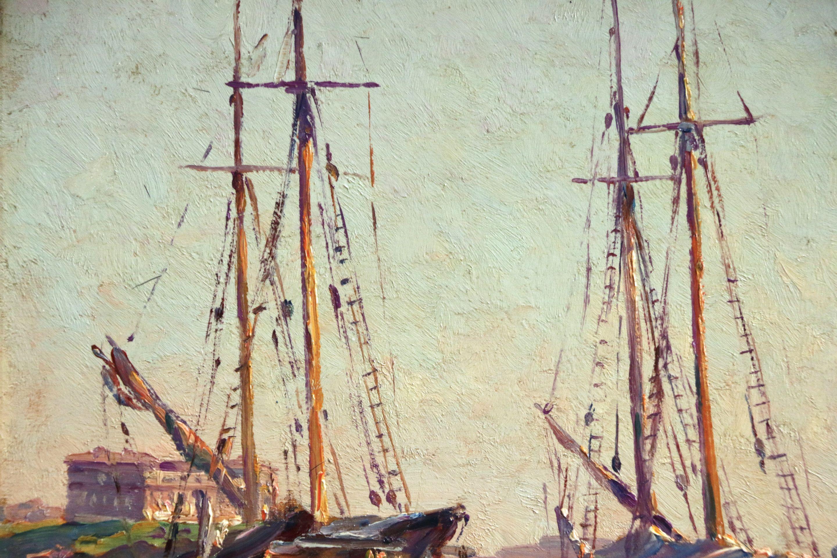Bateaux à L'ancre - Marseille - 19th Century Marine Oil, Boats in Sea by Gaussen - Impressionist Painting by Adolphe Louis Gaussen