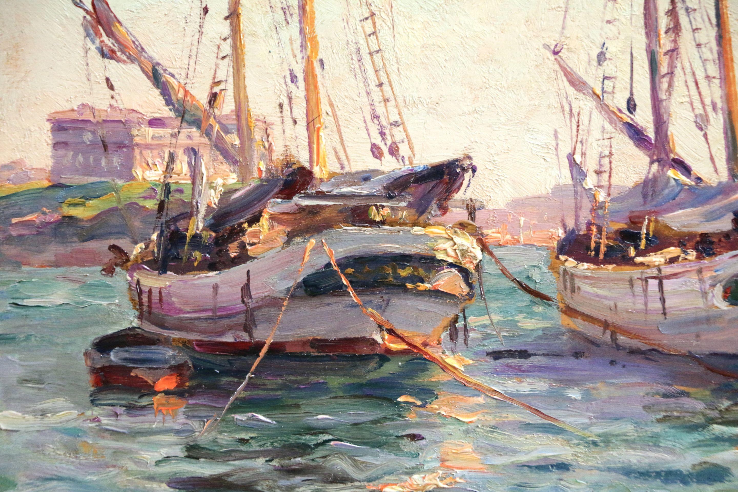 Bateaux à L'ancre - Marseille - Huile marine du 19e siècle, Bateaux en mer par Gaussen - Impressionnisme Painting par Adolphe Louis Gaussen