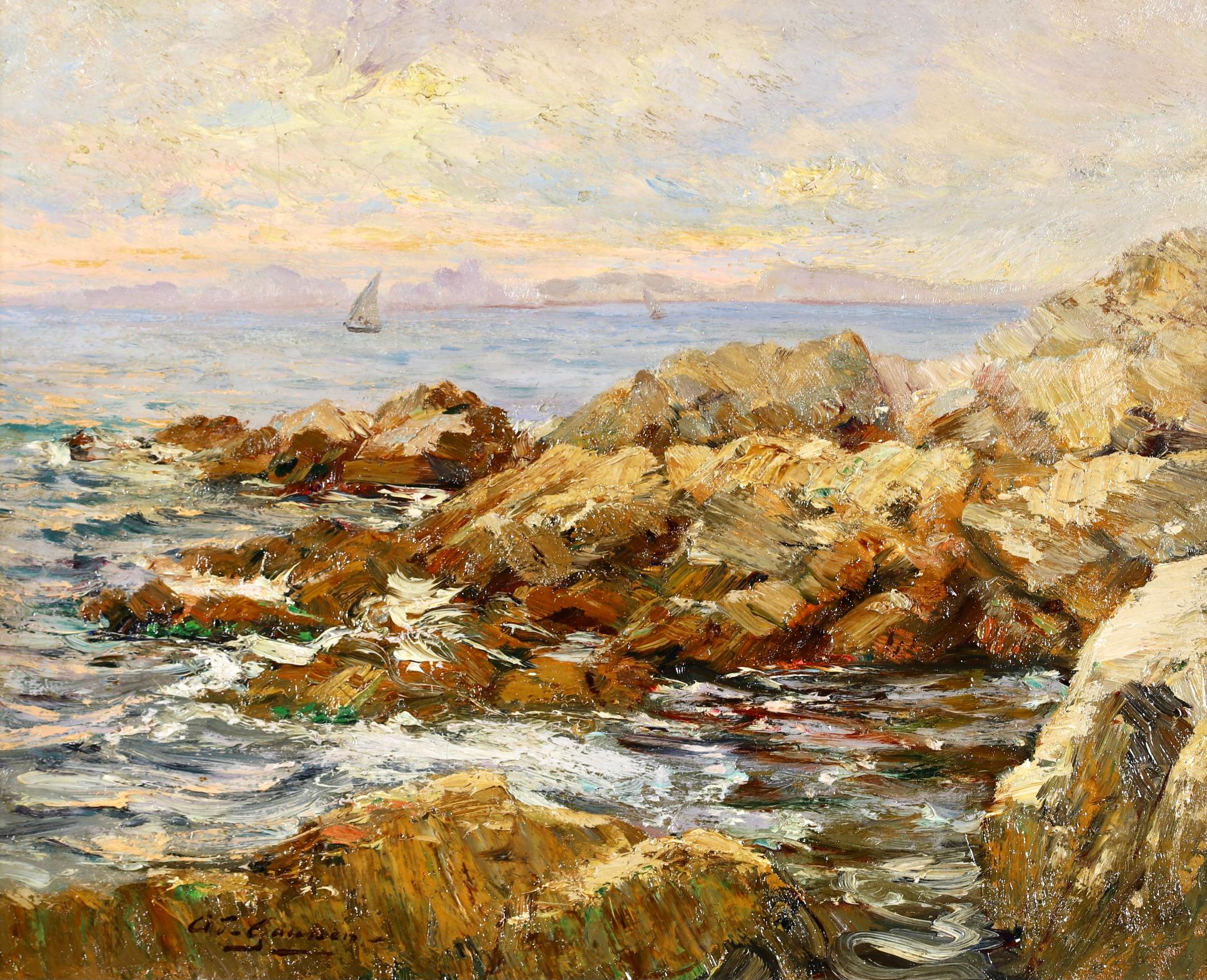 Environs de Marseille - Paesaggio marino olio post impressionista di Adolphe Gaussen - Painting di Adolphe Louis Gaussen