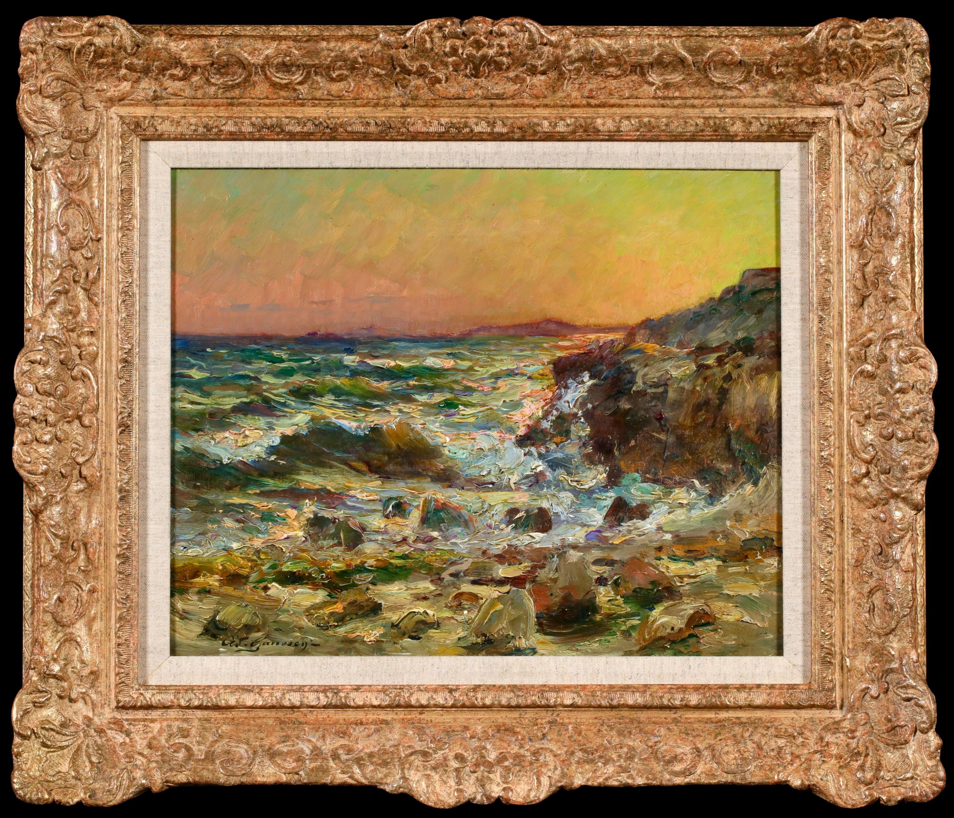 Paesaggio su tavola firmato nel 1910 circa dal pittore francese post impressionista Adolphe Louis Gaussen. L'opera raffigura una veduta della costa rocciosa di La Cote Bleue, uno splendido tratto di 25 chilometri di costa mediterranea incontaminata